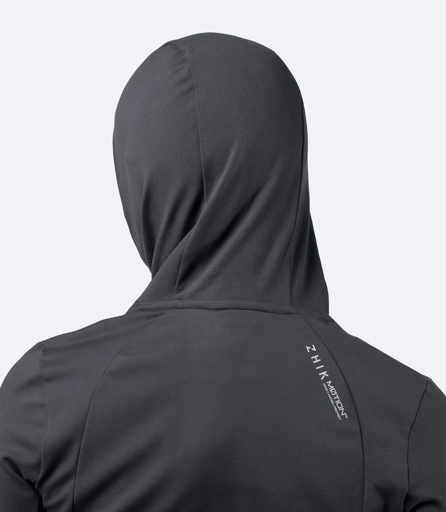 Back view of Women's Black ZhikMotion™ Hooded Top with balaclava hood up, highlighting form-fit design and durable water-resistant fabric.