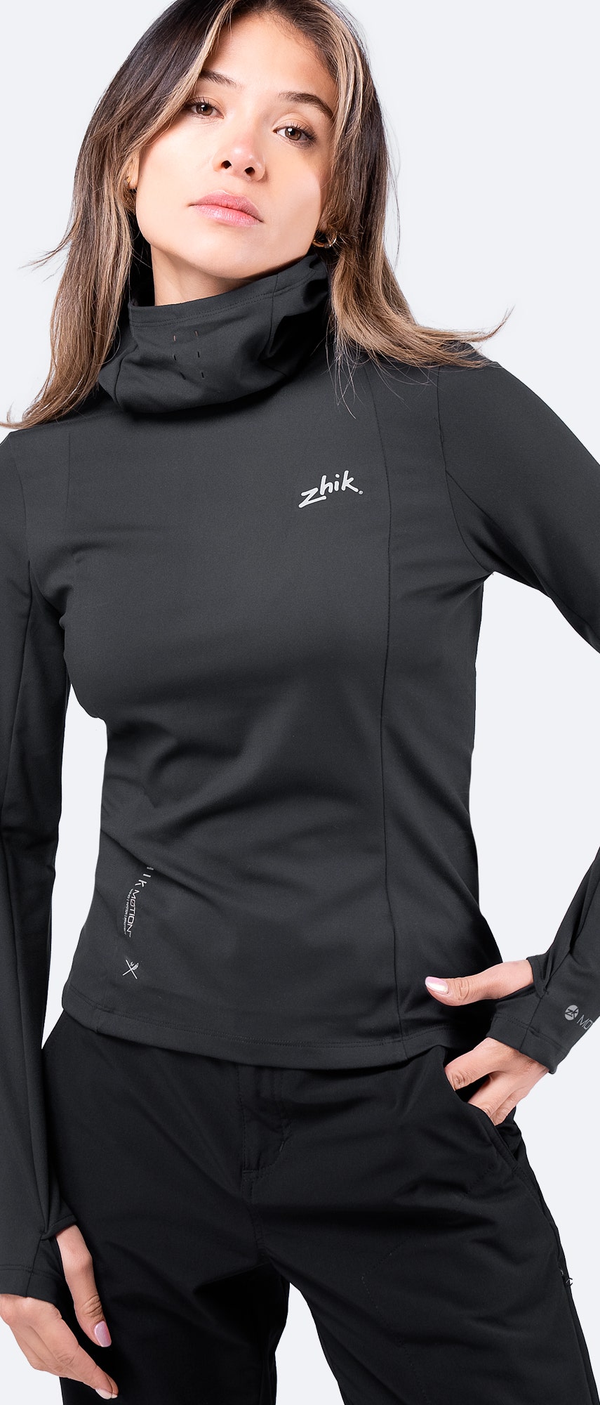 Close-up of Black ZhikMotion™ Hooded Top showing collar, soft peached fabric, and breathable knit for comfort in changing conditions.