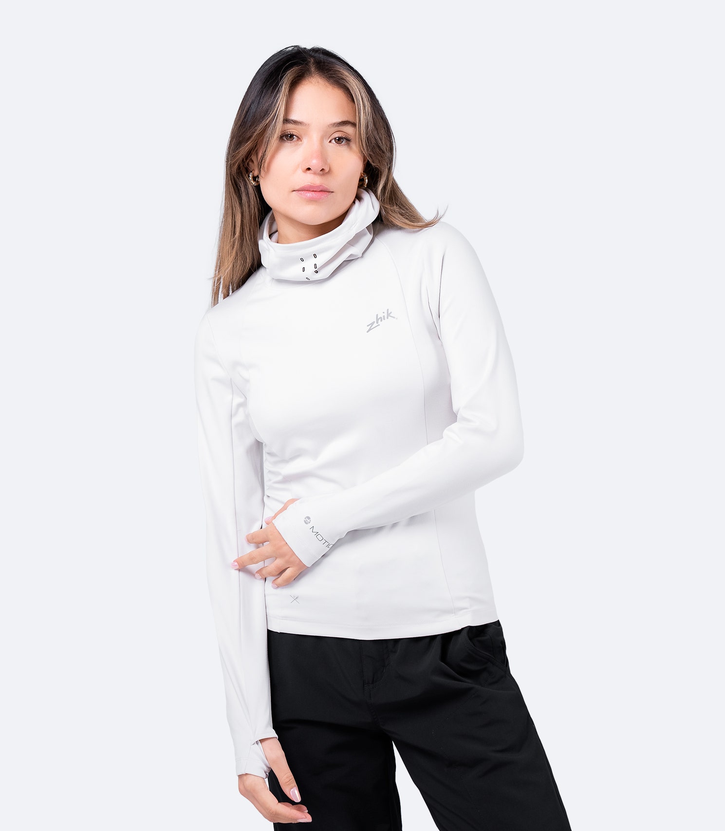 Front view of Women's White ZhikMotion™ Hooded Top, featuring moisture-wicking stretch fabric, ergonomic fit, and secure hood design.