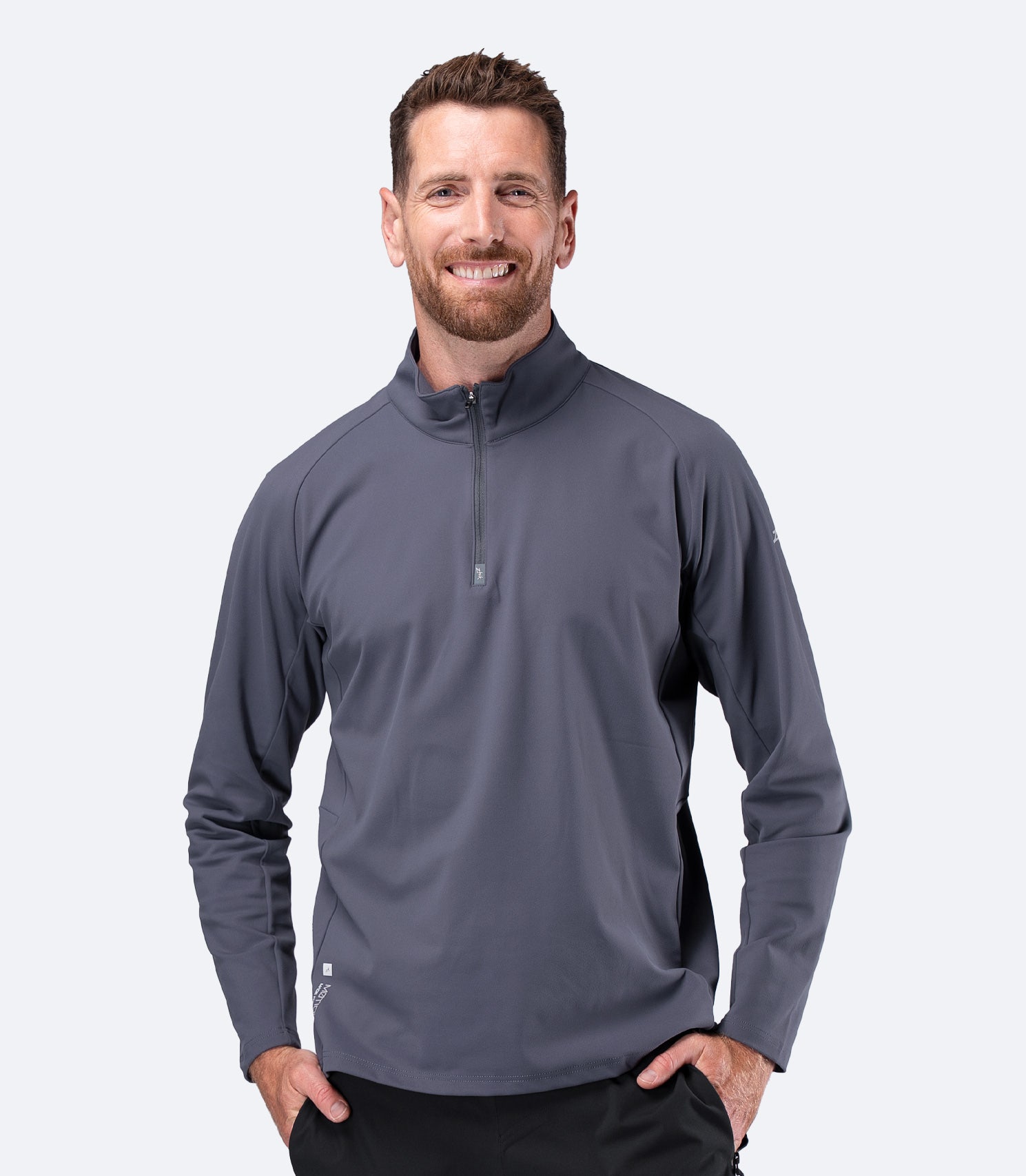 Front view of Zhik Men's ZhikMotion 1/4 Zip Long Sleeve Top in Slate, showing clean technical styling