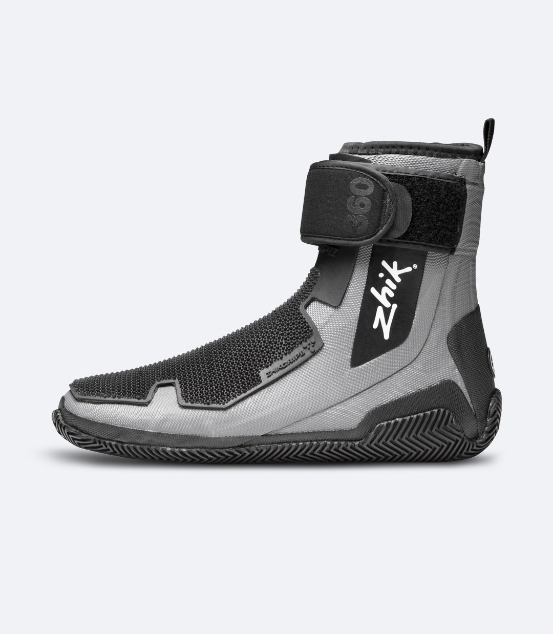 Left side view of black ZhikGrip™ II Hiking Boot with patented Zhik Grip II stud locking system for optimized hiking.
