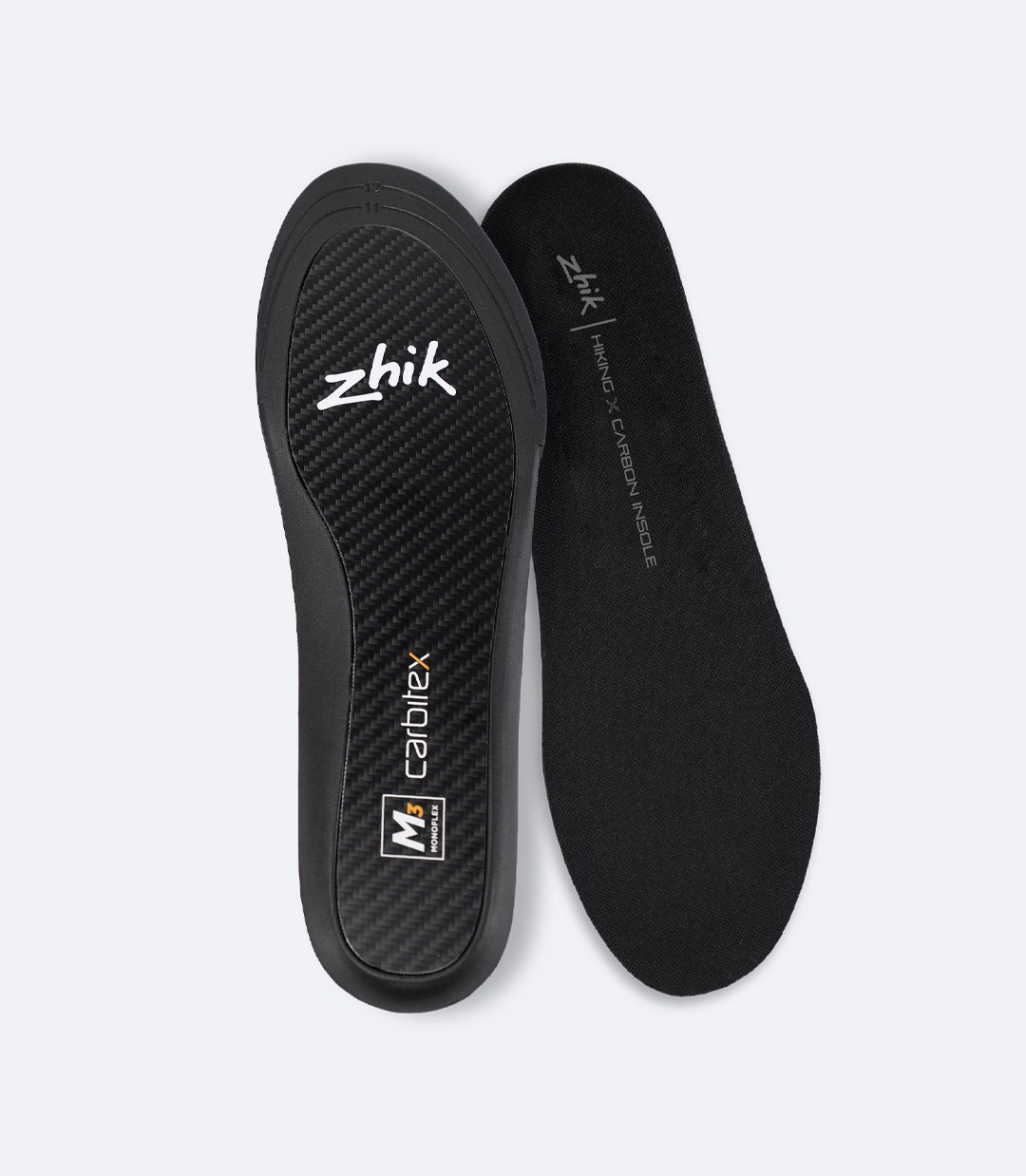 Zhik Hiking X Carbon Insole in black, top view and carbon bottom view showing support and hiking performance