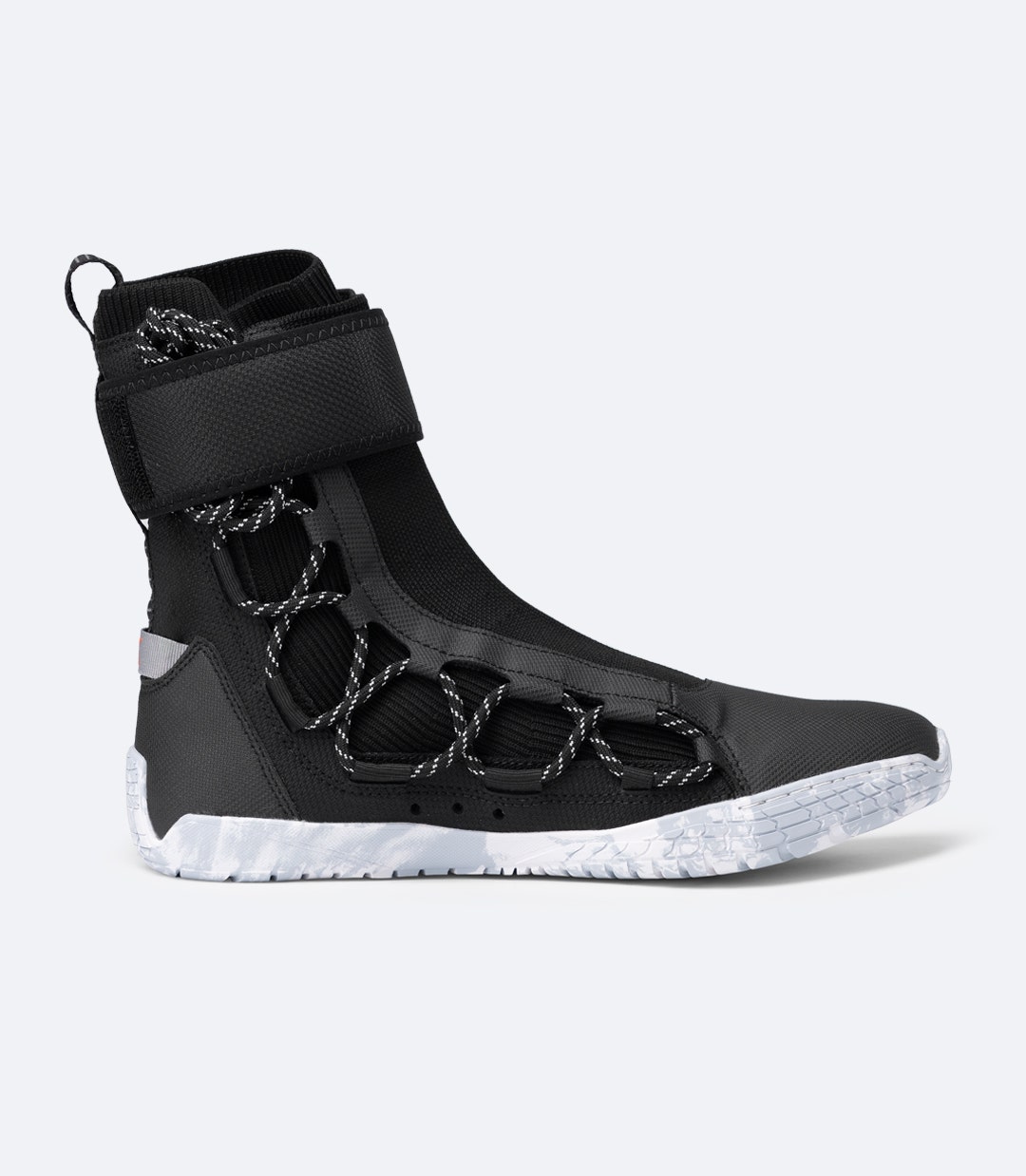 Zhik Lightweight High Cut X Boot in Black, side view highlighting full-length lace system and low-profile ankle strap