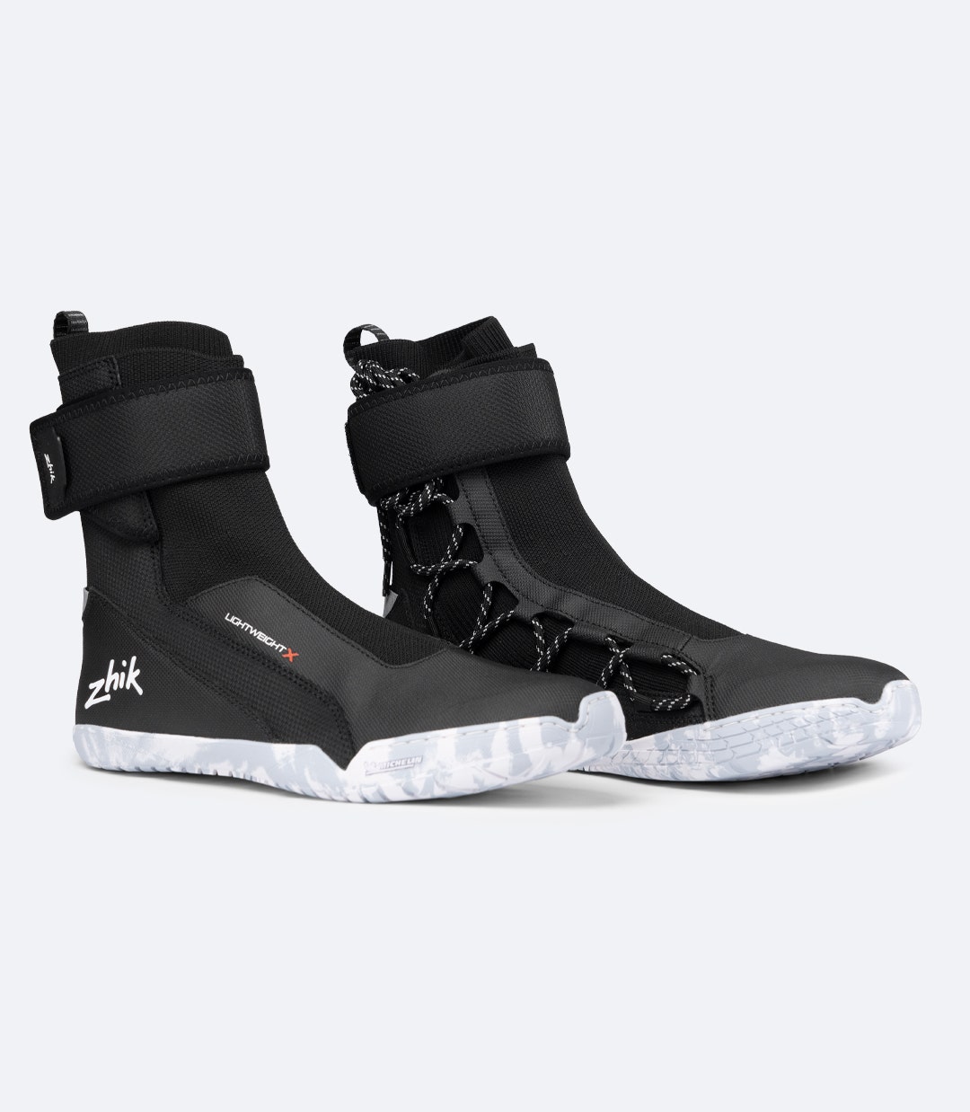 Zhik Lightweight High Cut X Boot in Black, front view pair with high-cut fit, Michelin outsole and side lace system.