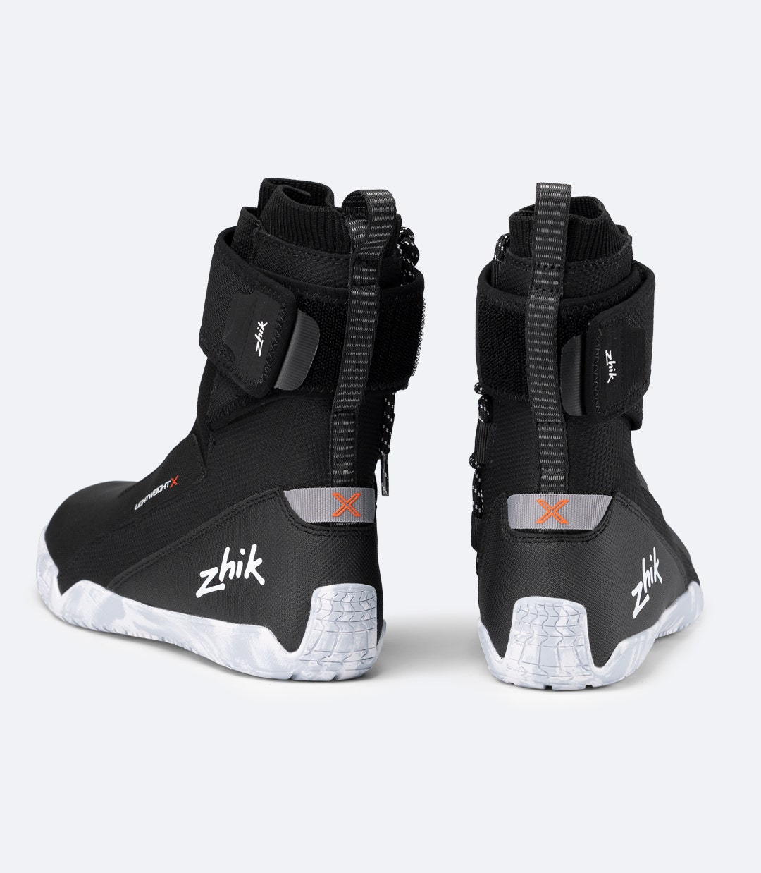 Close-up of rear view on Black Zhik High Cut X Boot, showing X logo and padded heel support