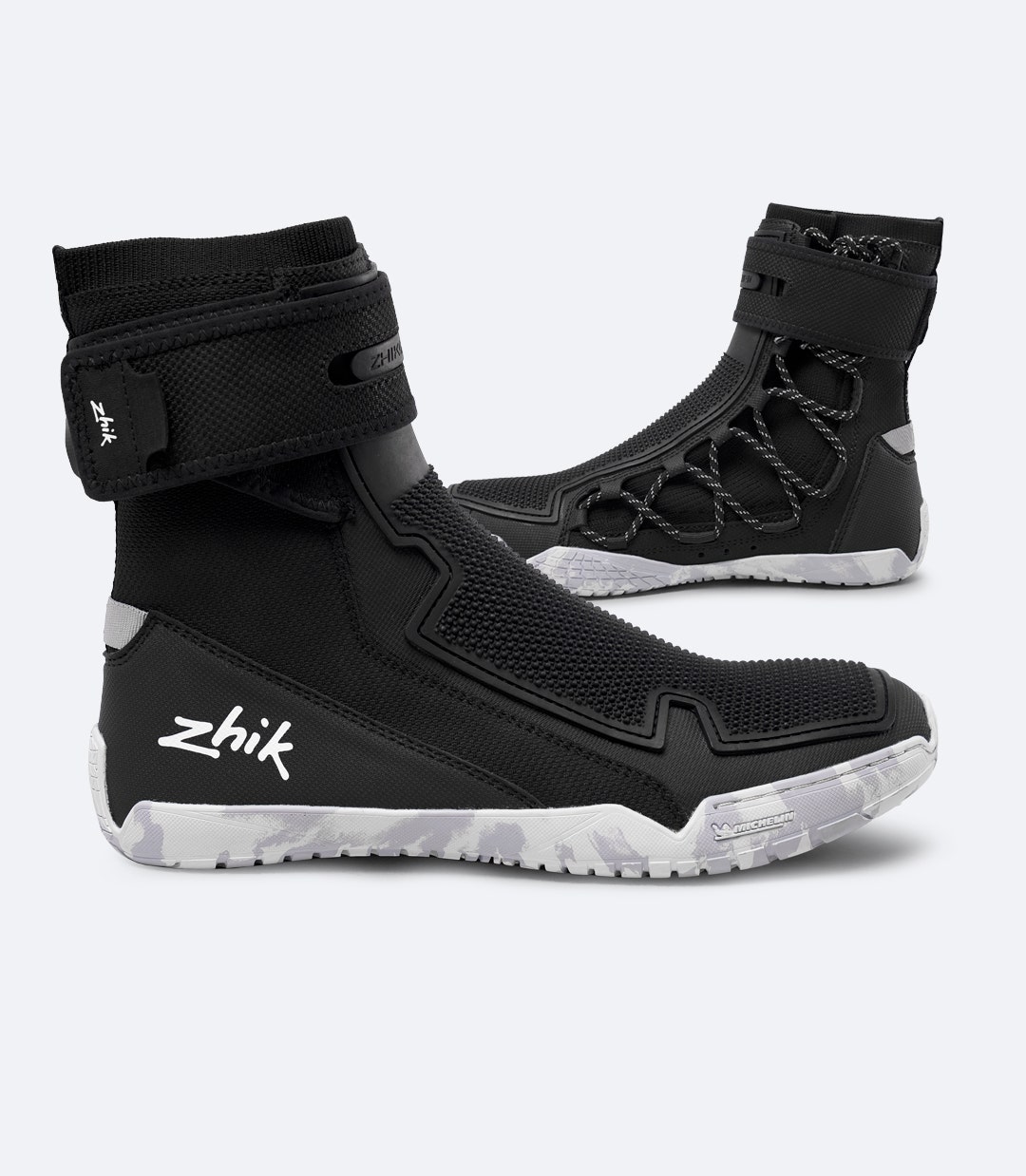 Zhik Hiking X Boots in black shown from both sides, highlighting ZhikGrip II panels and sculpted high-walled outsole