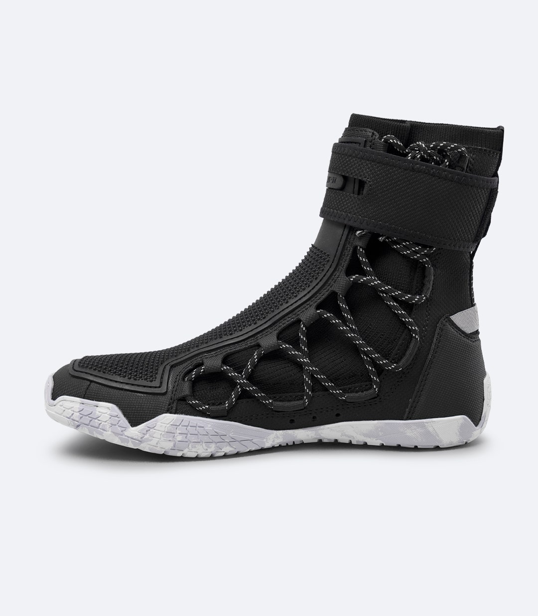 Side view of black Zhik Hiking X Boot with 3D knitted upper, full-length side lacing and high-grip Michelin outsole