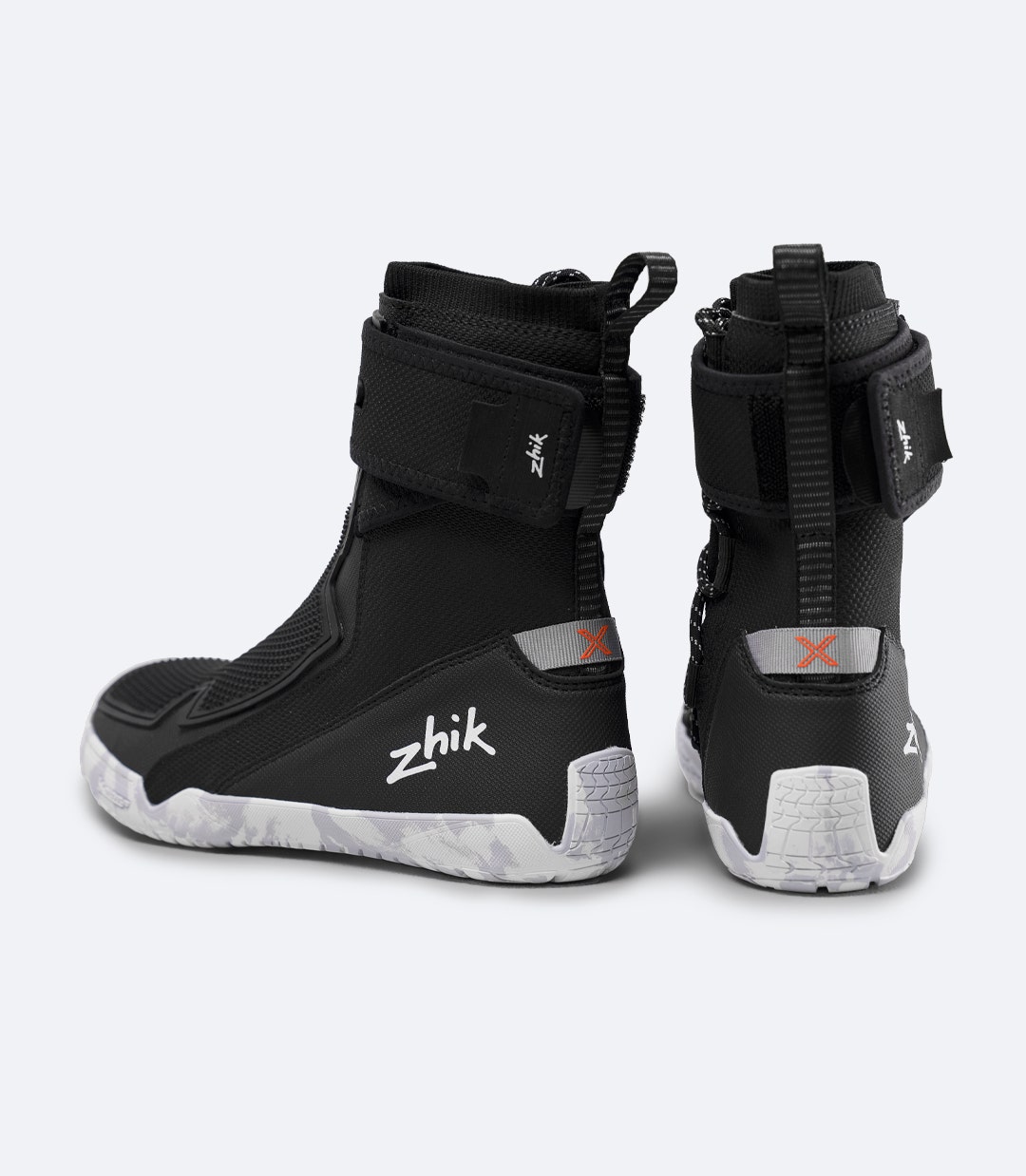 Rear view of black Zhik Hiking X Boots showing TPU heel panels, webbed heel loops and supportive high-walled soles
