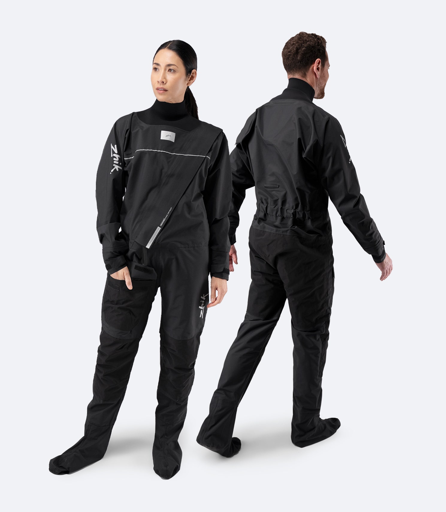 Front and back view of Zhik Adult Performance Drysuit in black