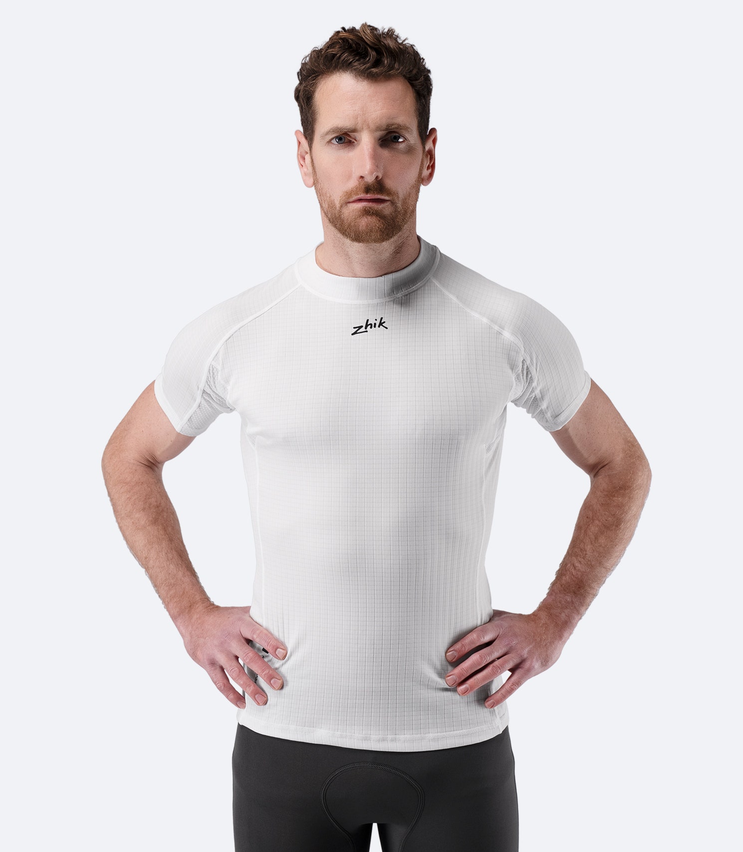 Front view of Zhik Men’s Active Baselayer Top in white, short sleeves