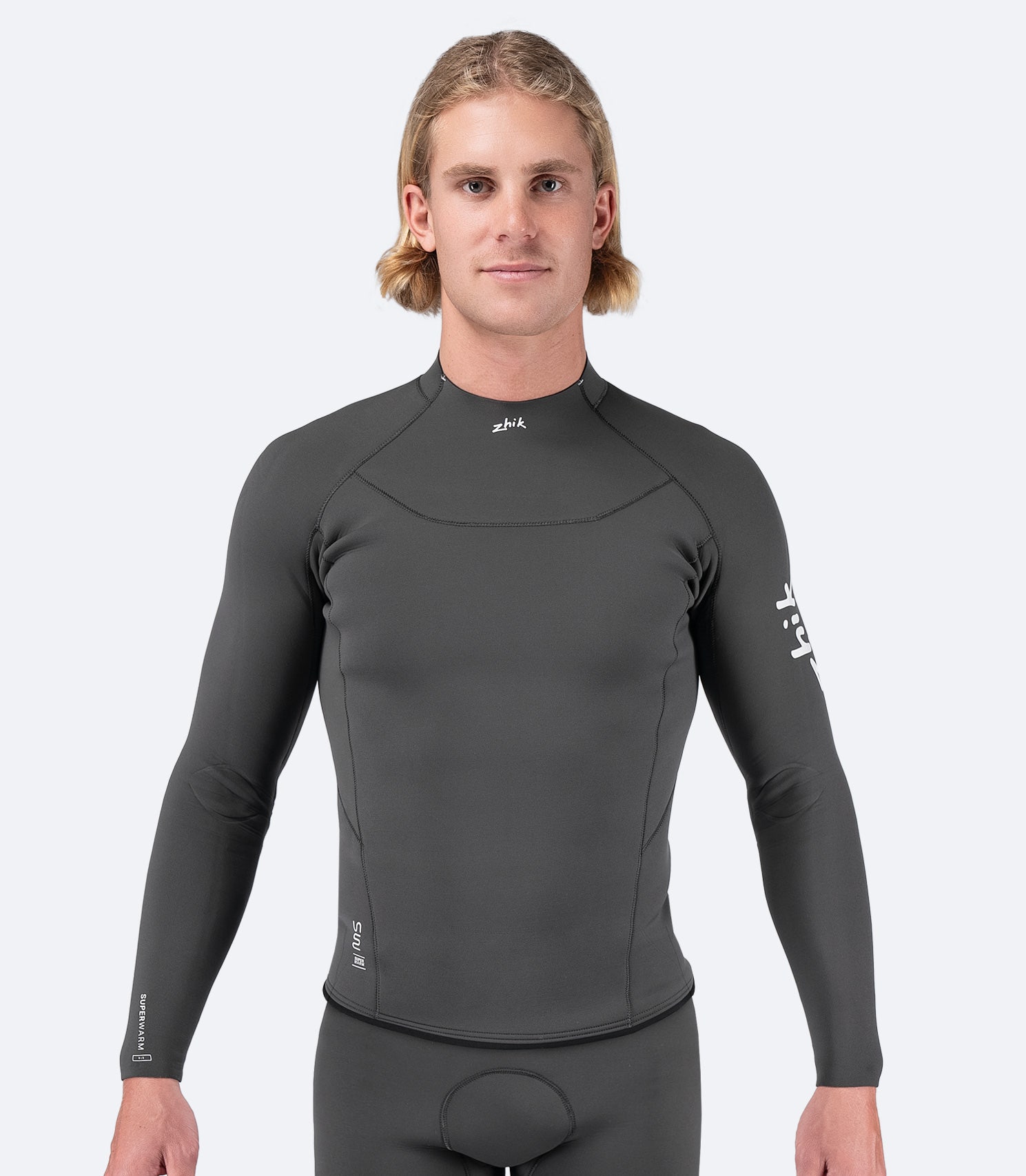 Zhik Men's Superwarm Top in dark gray, featuring 3mm thermal insulating neoprene and fast-drying Hydrobase® fleece lining