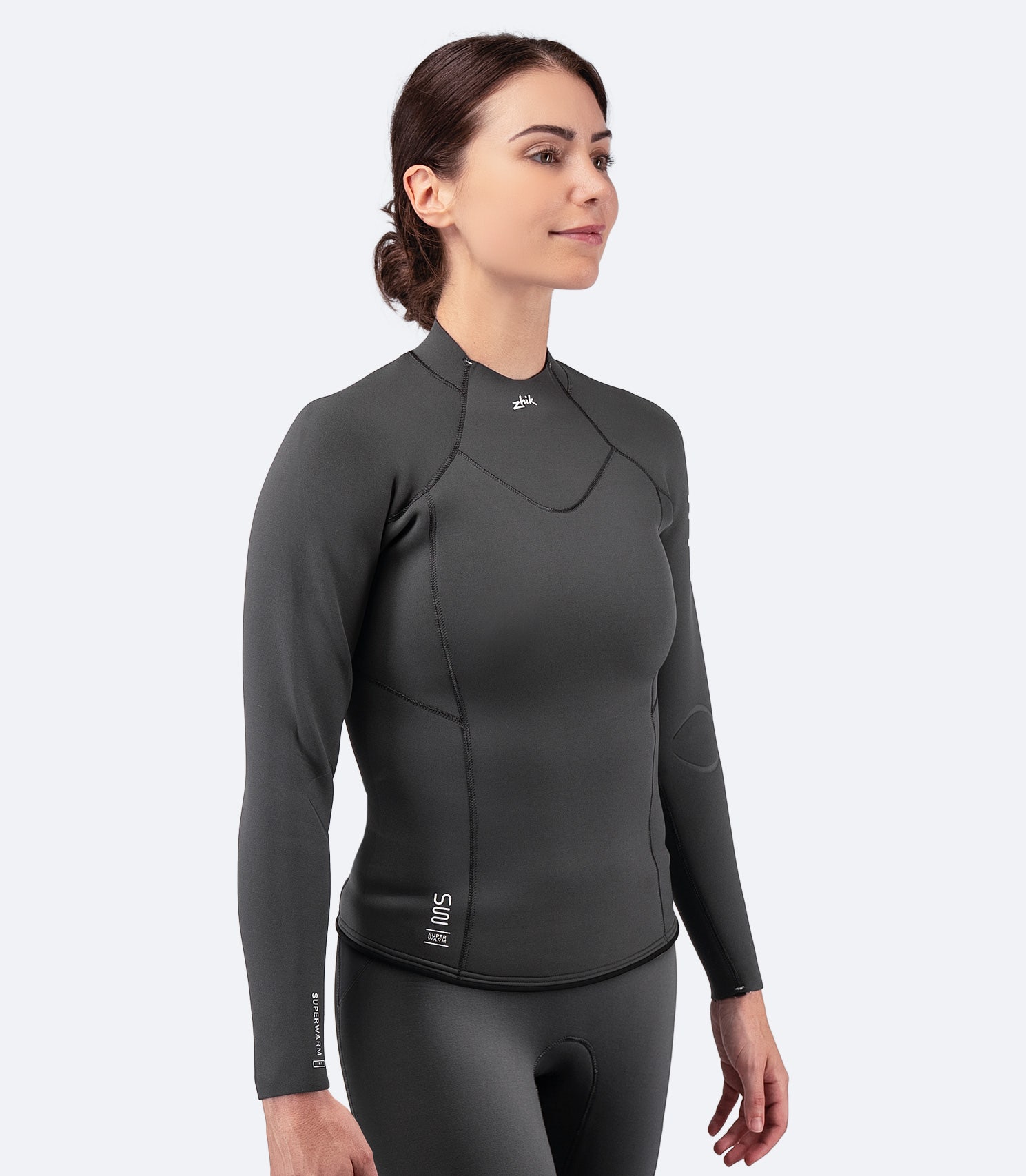 Zhik Women's Superwarm Top in dark grey, featuring 3mm thermal insulating neoprene and fast-drying Hydrobase® inner lining