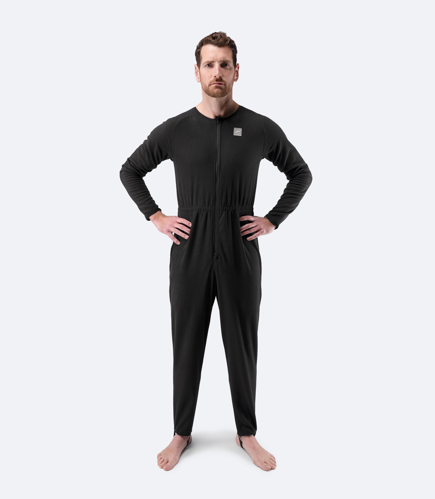 Front view of Zhik Drysuit Underfleece in black with stand collar and zip