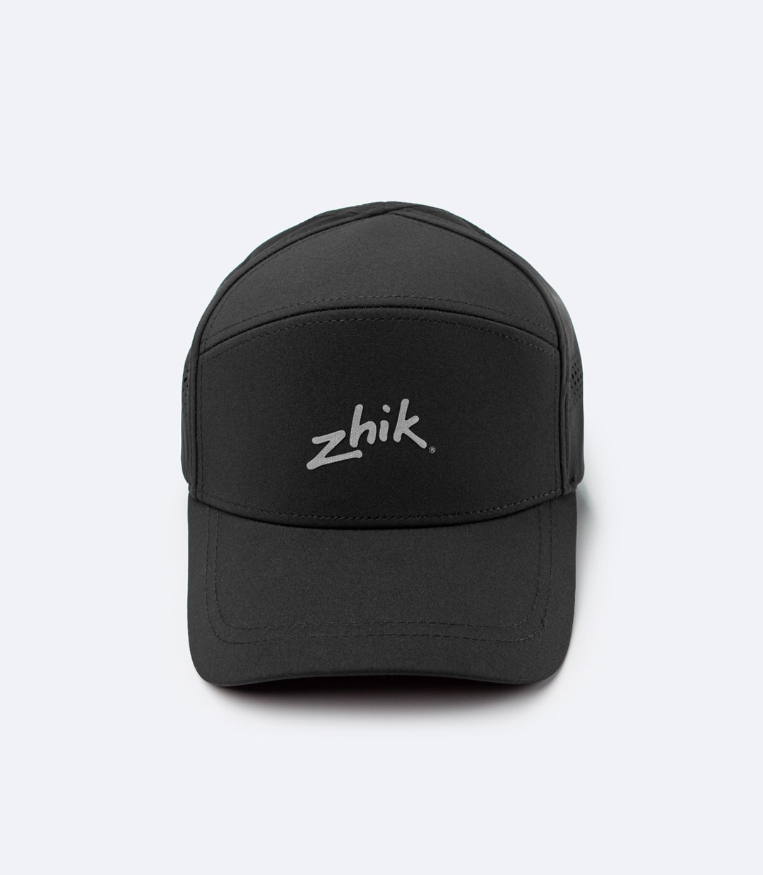 Front view of Zhik Sports Cap in black with 5-panel construction, soft fast-drying inner headband, and stretch fit for secure comfort