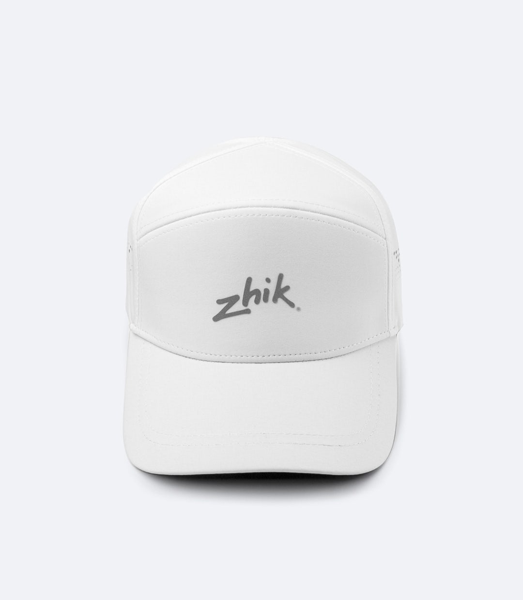 Front view of Zhik Sports Cap in white with 5-panel construction, soft fast-drying inner headband, and stretch fit for secure comfort