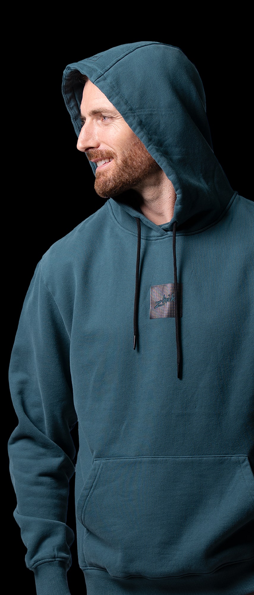 Zhik Men's Carbon Hoodie in Deep Teal, front view with hood up, midweight cotton and regular fit