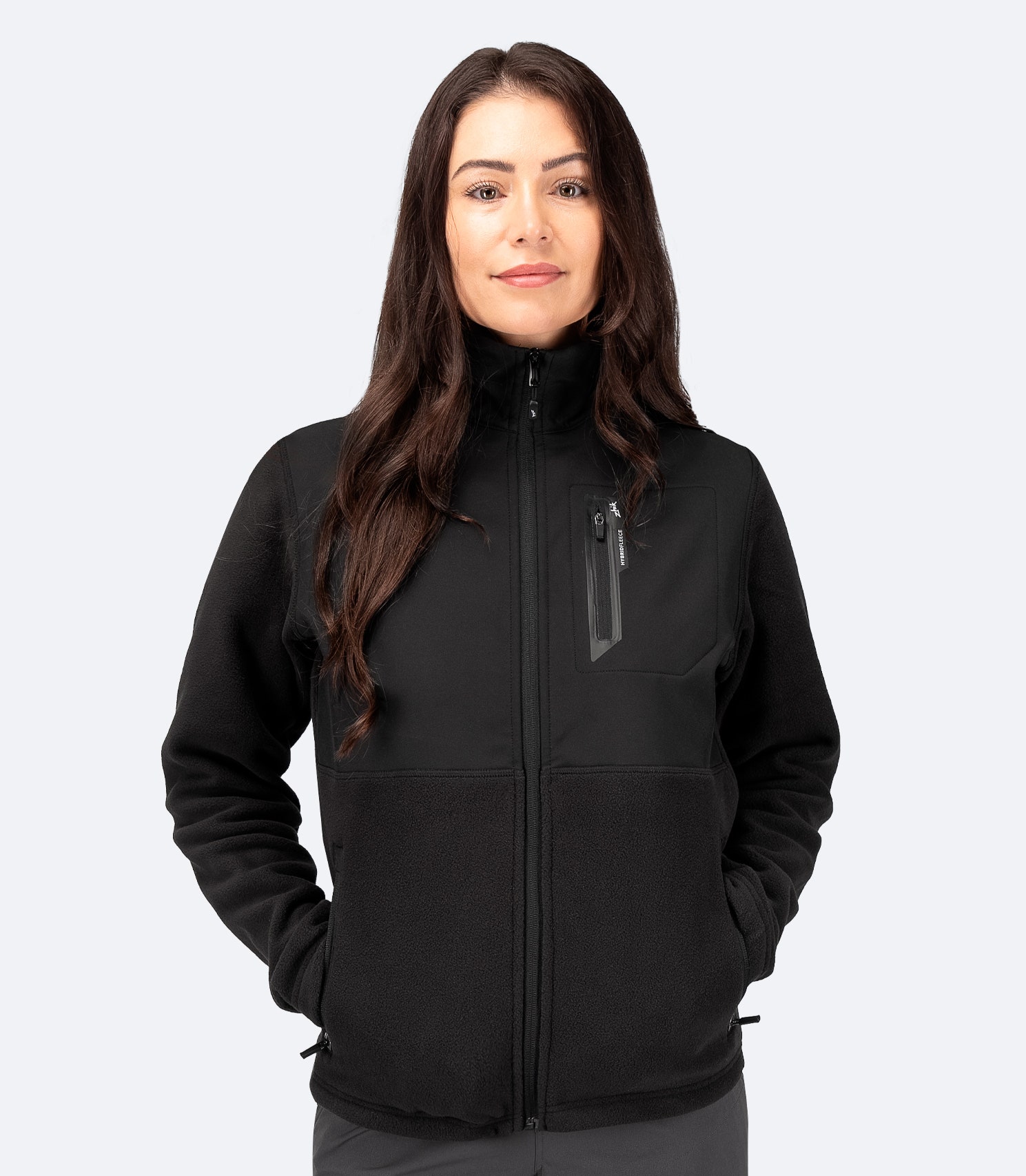 Zhik Women's Hybrid Fleece Jacket in black with windproof, water-repellent softshell chest and shoulder panels for added protection