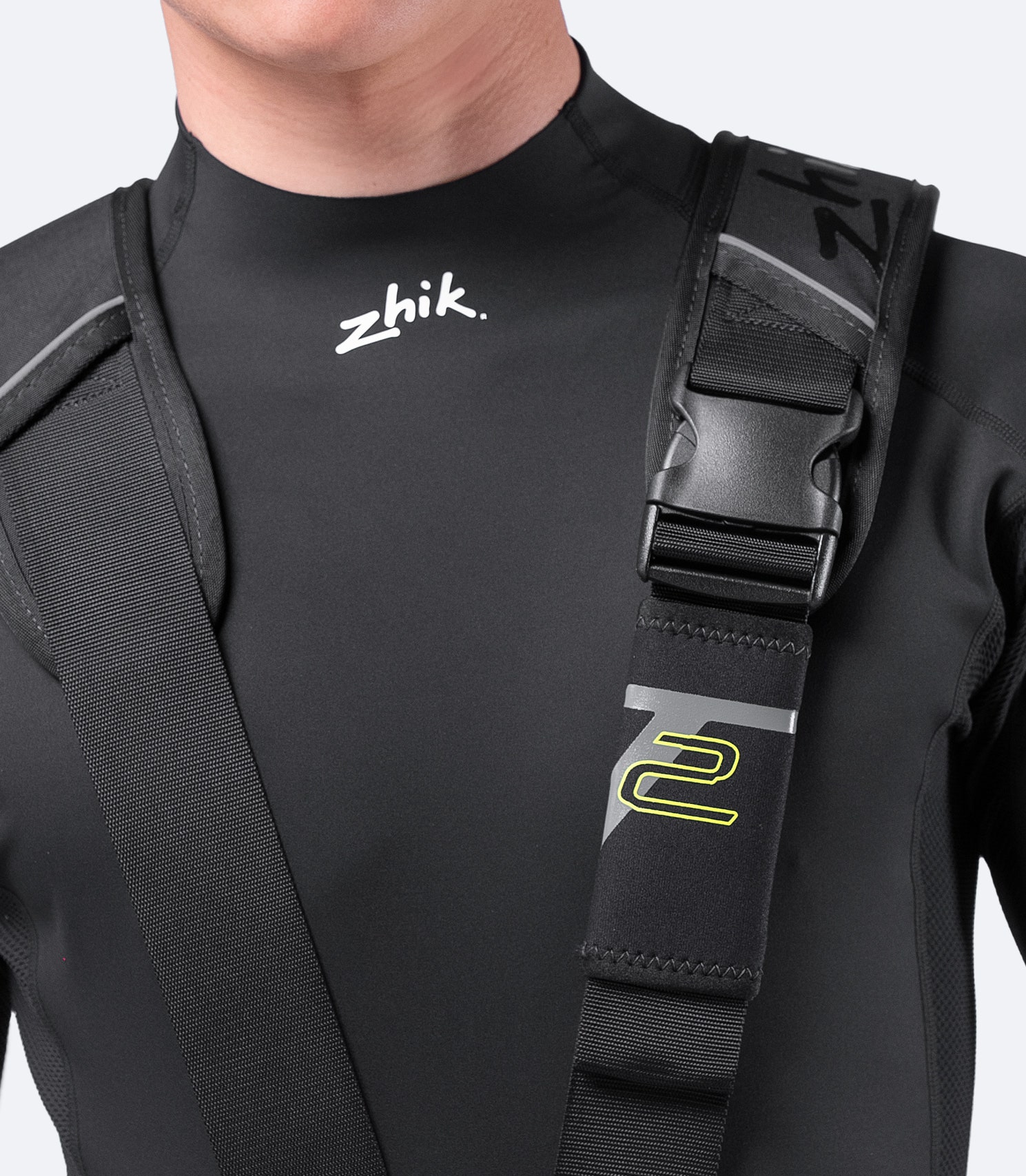 Close-up of black Zhik T2 Trapeze Harness padded shoulder strap for reduced strain and enhanced comfort.