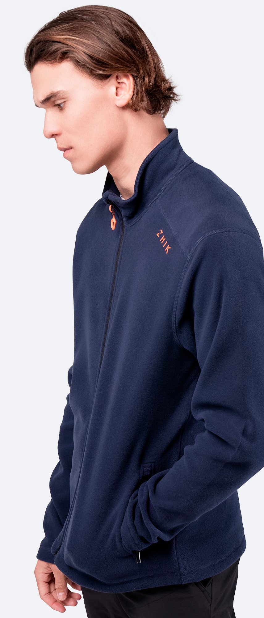 Side view of Men’s Navy Full Zip Fleece Jacket with a smooth, fine-cut microfleece finish and ergonomic fit.