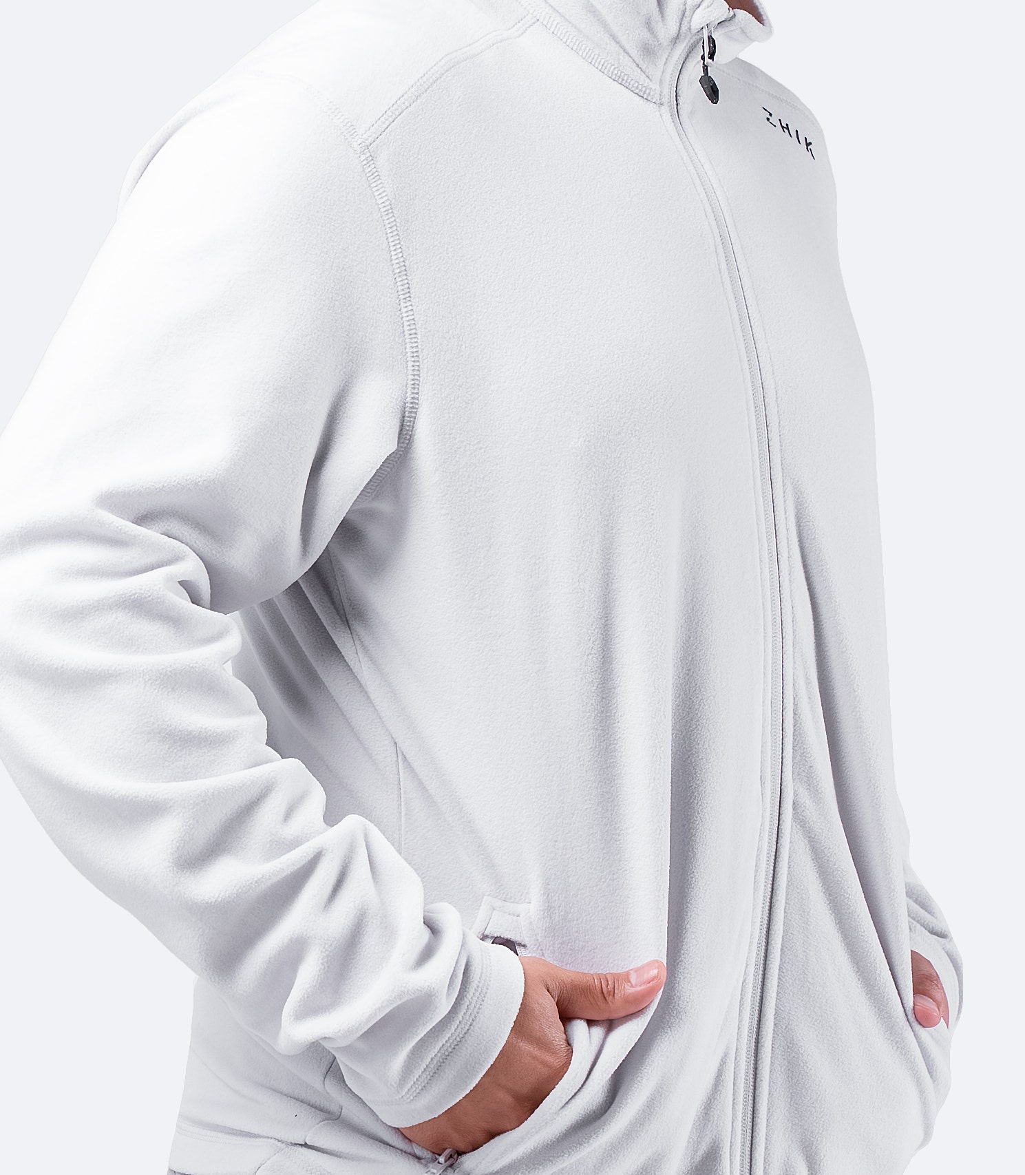 Close-up of side zipper pocket on Men’s Platinum Full Zip Fleece Jacket, highlighting secure storage for essentials.