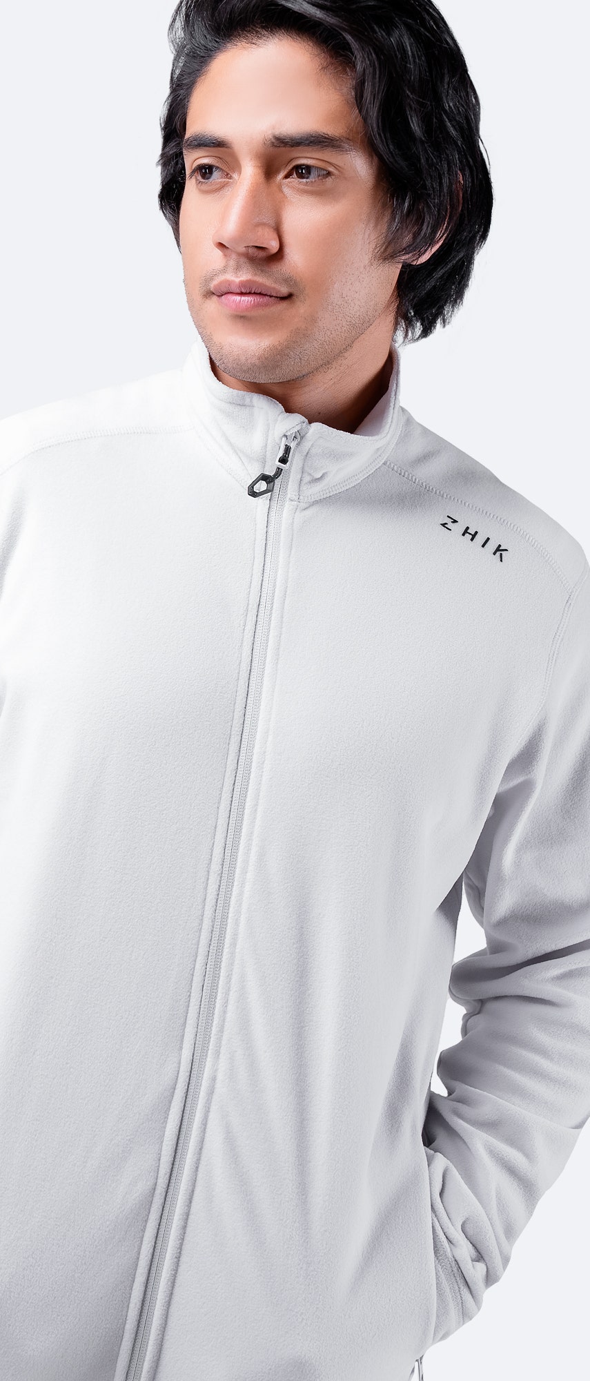 Close-up of Men’s Platinum Full Zip Fleece Jacket collar and zipper, showing soft fleece texture and reinforced stitching.