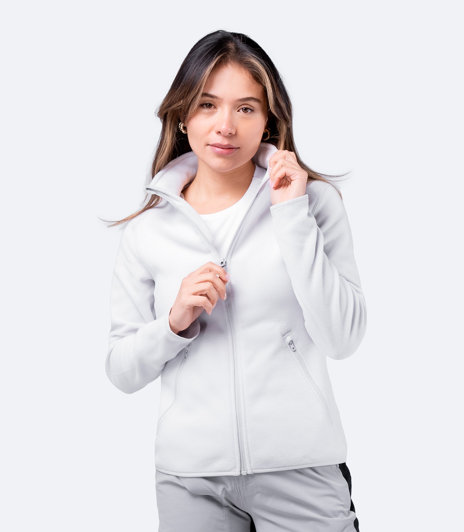 Women's Platinum Full Zip Fleece Jacket by Zhik – front view worn casually, ultra-soft and breathable design.