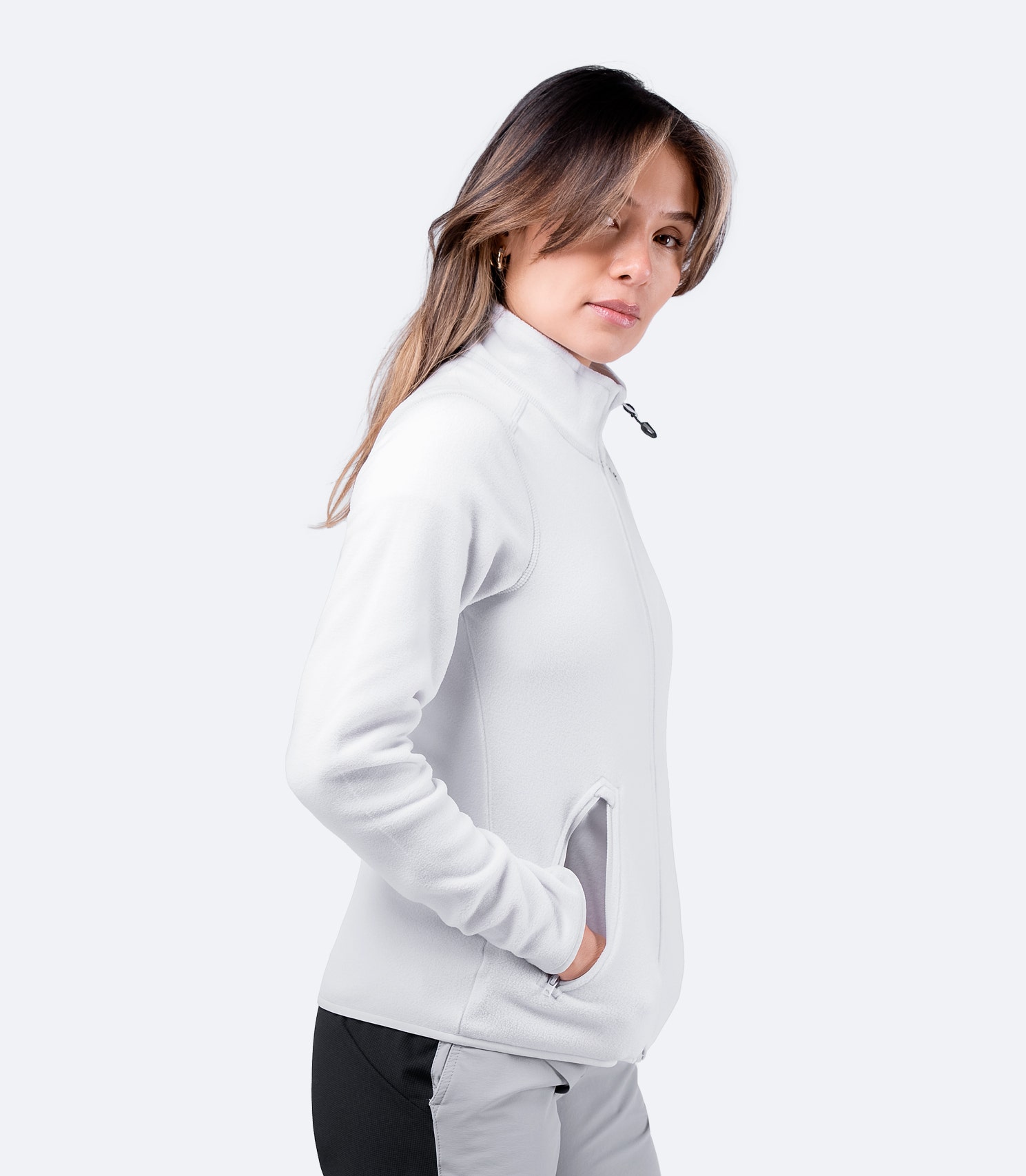 Side view of Women's Platinum Full Zip Fleece Jacket – lightweight and insulating for active outdoor wear.