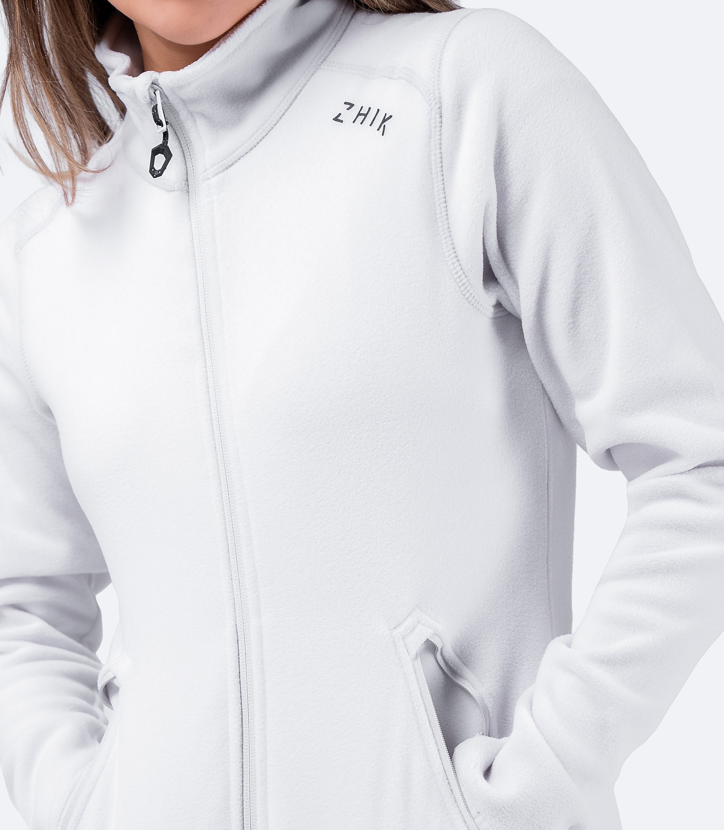 Close-up of side zipper pocket on Women's Platinum Full Zip Fleece Jacket – durable and practical storage feature.