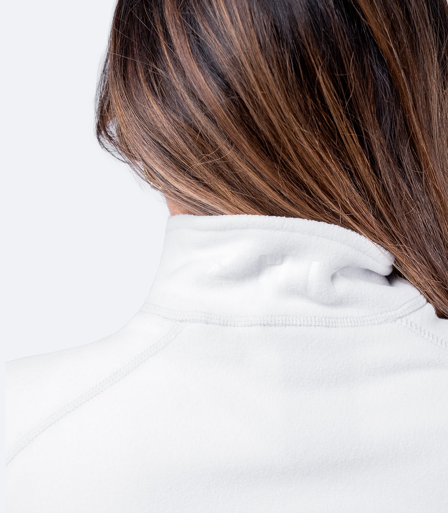 Rear view of shoulders and collar on Women's Platinum Full Zip Fleece Jacket – snug and insulating mid-layer.