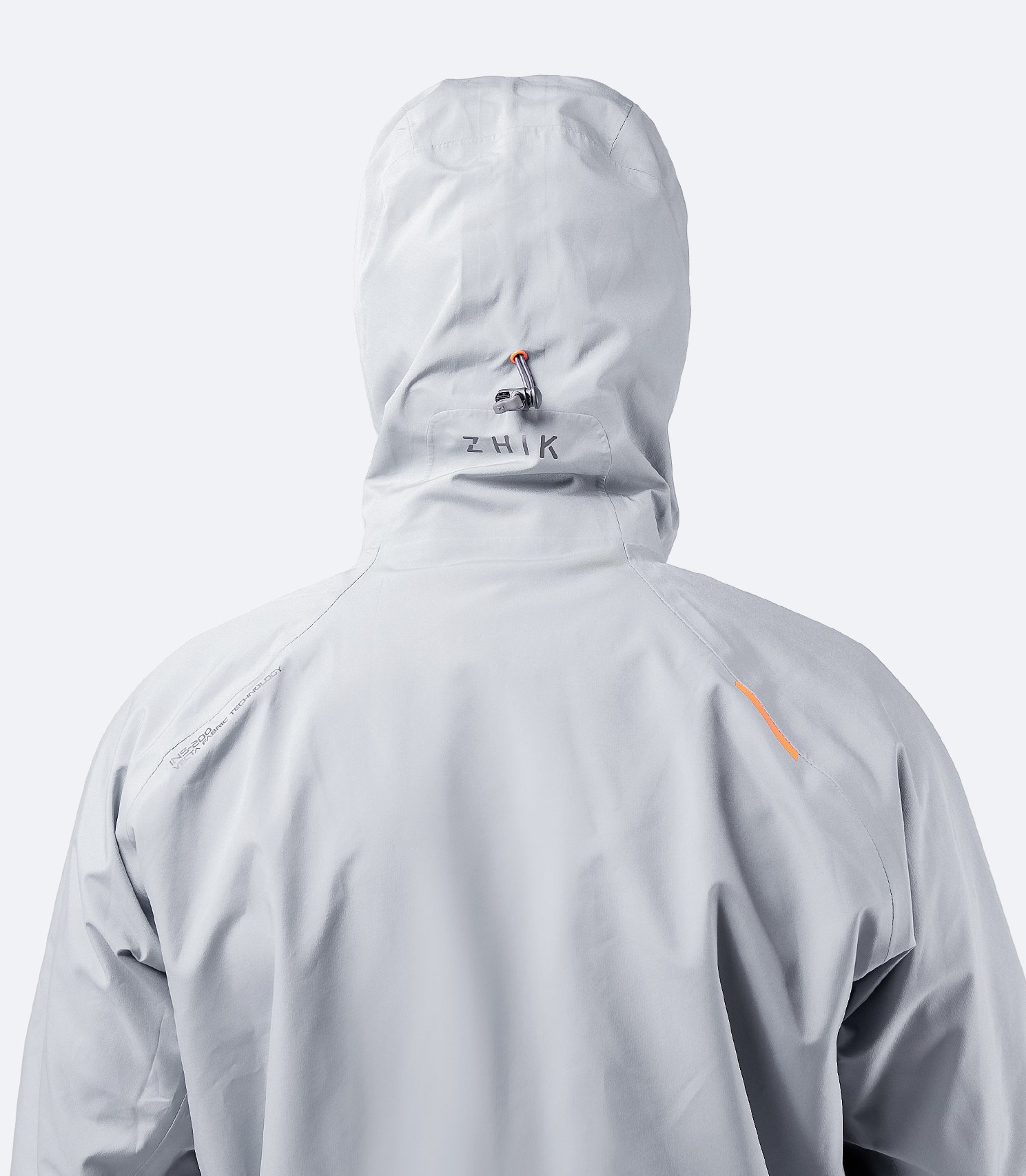 Back view of the Zhik Men's Platinum INS200 Jacket displaying a sculpted minimalist fit for enhanced comfort and waterproofness