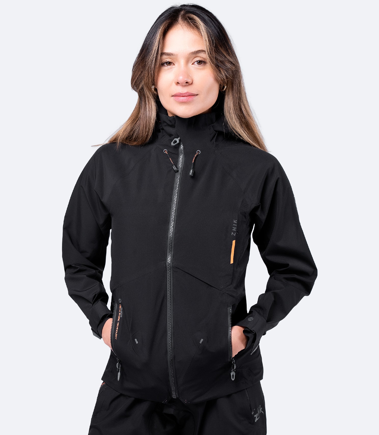 Front view of Zhik Women's Black INS200™ Jacket, showing streamlined design and breathable waterproof construction.
