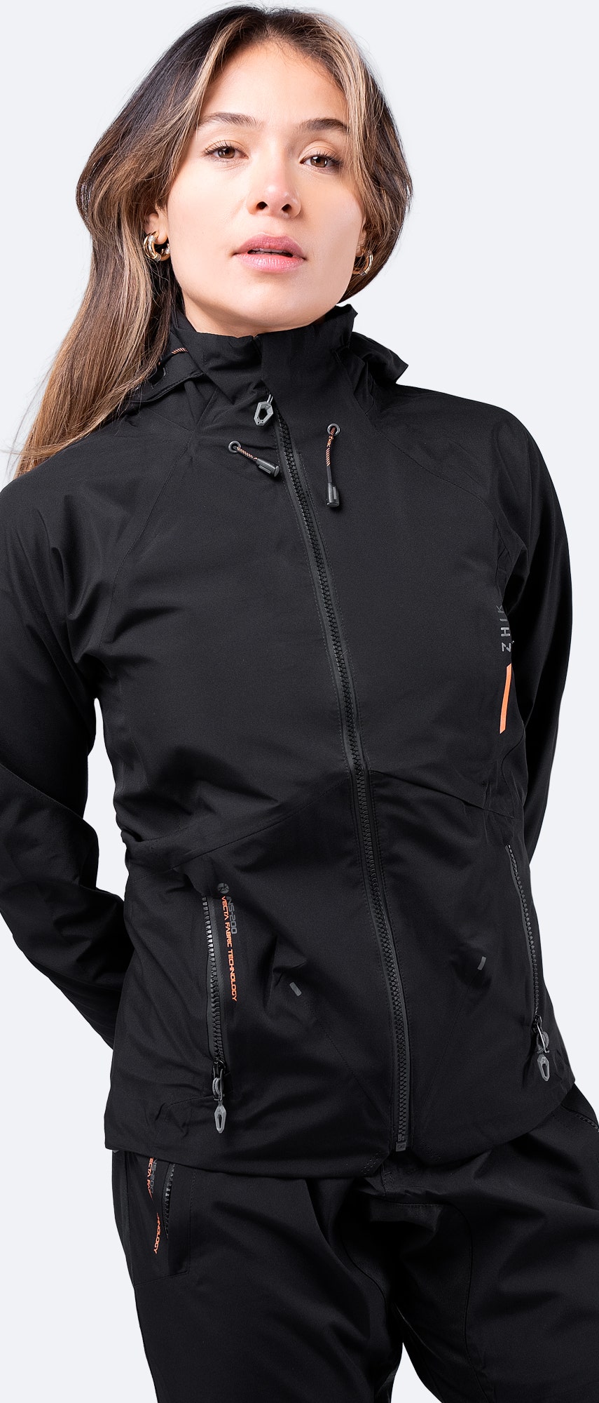 Front view of Zhik Women's Black INS200™ Jacket, showing streamlined design and breathable waterproof construction