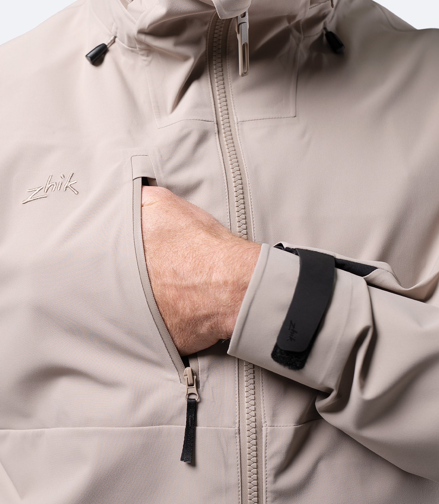 Close-up of chest zip pocket on Zhik Men's Stone INS400 inshore jacket with water-resistant zipper