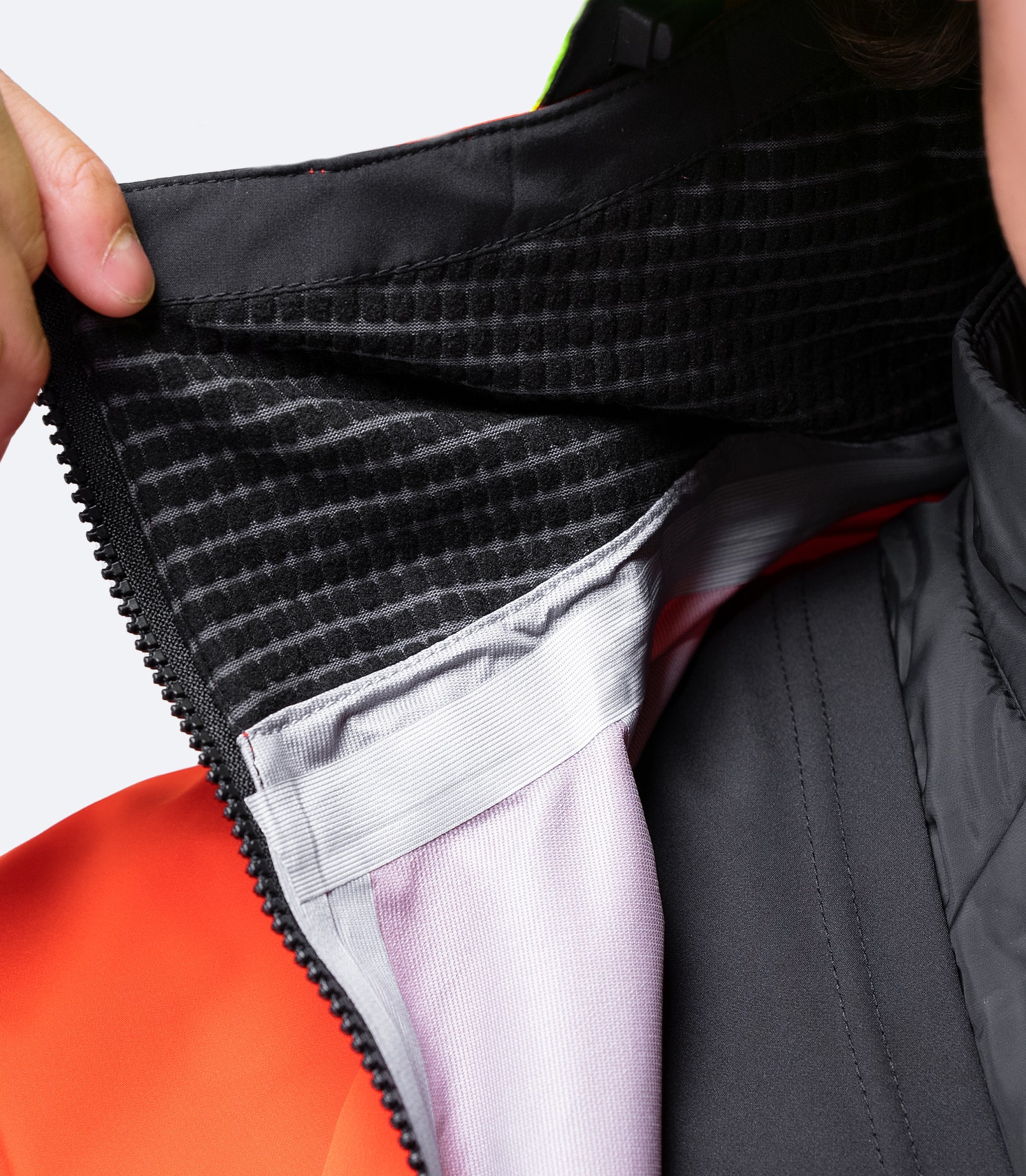 Close-up of inside collar on CST500™ Jacket in Flame Red, featuring Hydrobase® moisture-wicking lining for fast drying and comfort.