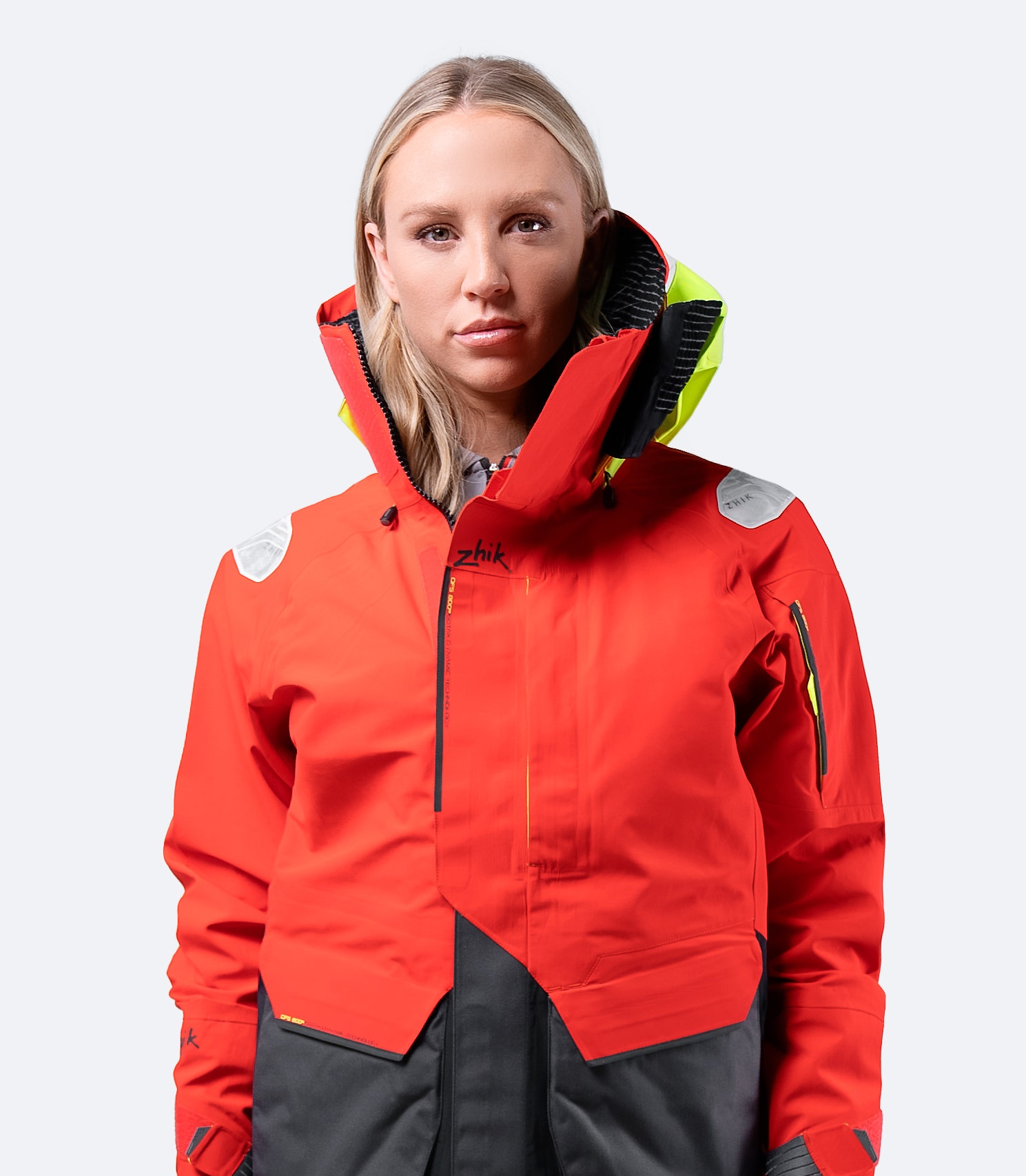 Flatlock seam construction with stress point tape on Zhik OFS800™ Jacket in Flame Red, ensuring enhanced durability.