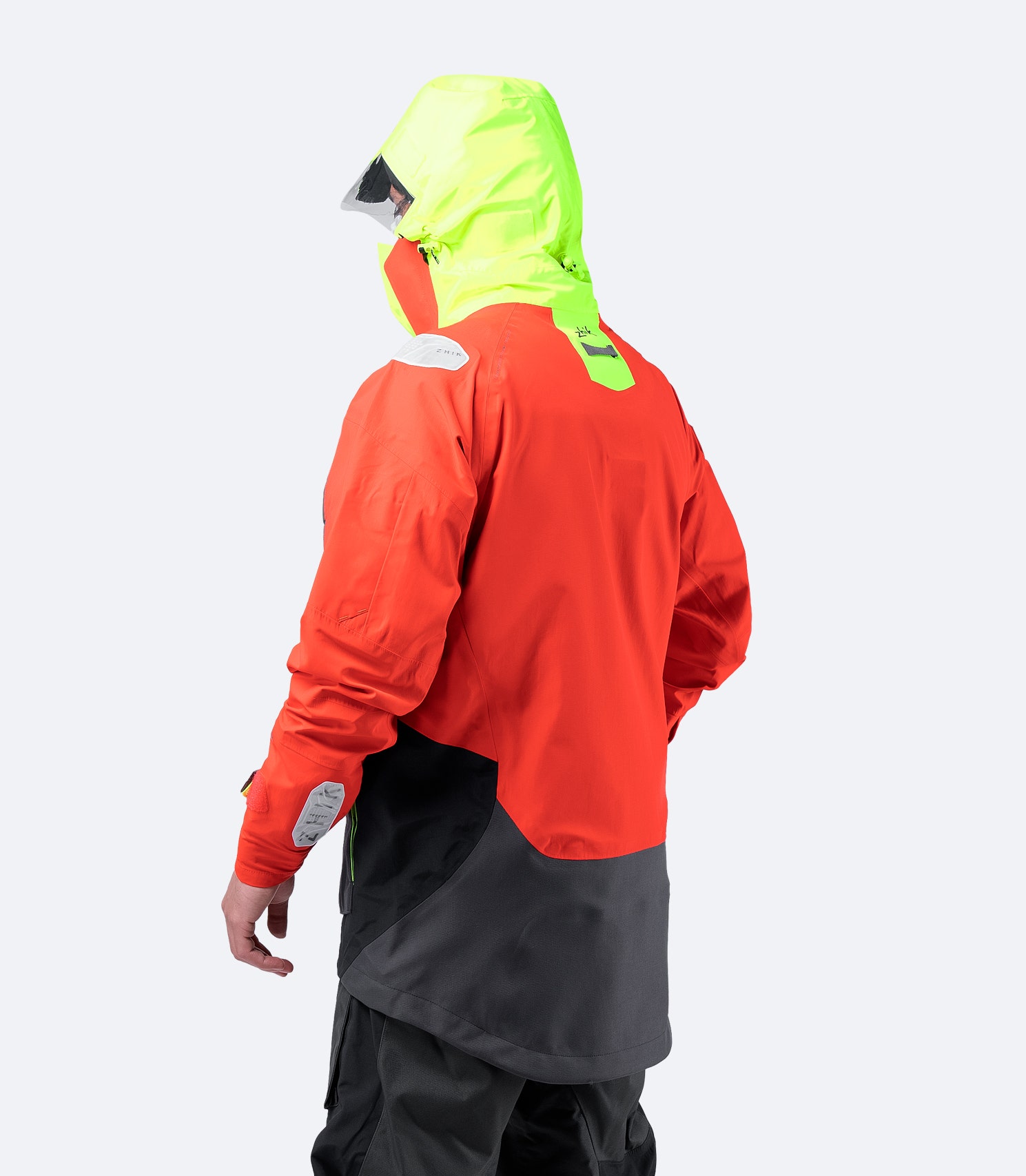 Rear view of Zhik OFS800™ Jacket in Flame Red, highlighting the Hydrovision™ hood with adjustable fit for superior weather protection
