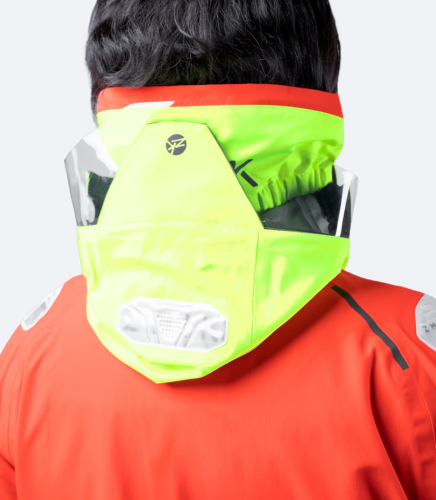 Rear close-up of Zhik OFS800™ Jacket in Flame Red, highlighting the Hydrovision™ hood with adjustable fit for superior weather protection