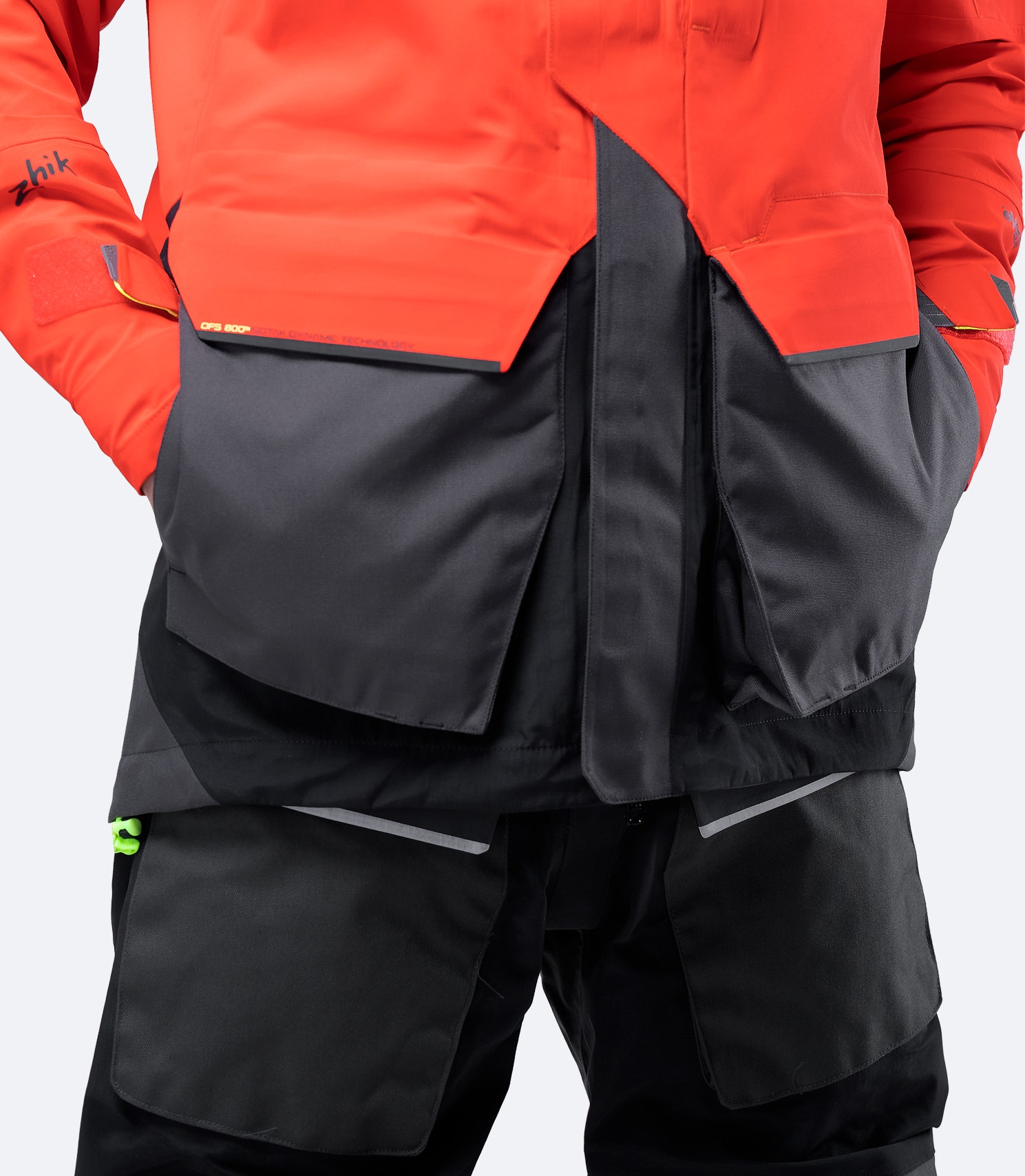 Zhik OFS800™ Offshore Jacket in flame red with fast-drying hand warmer pockets for added comfort in cold conditions.