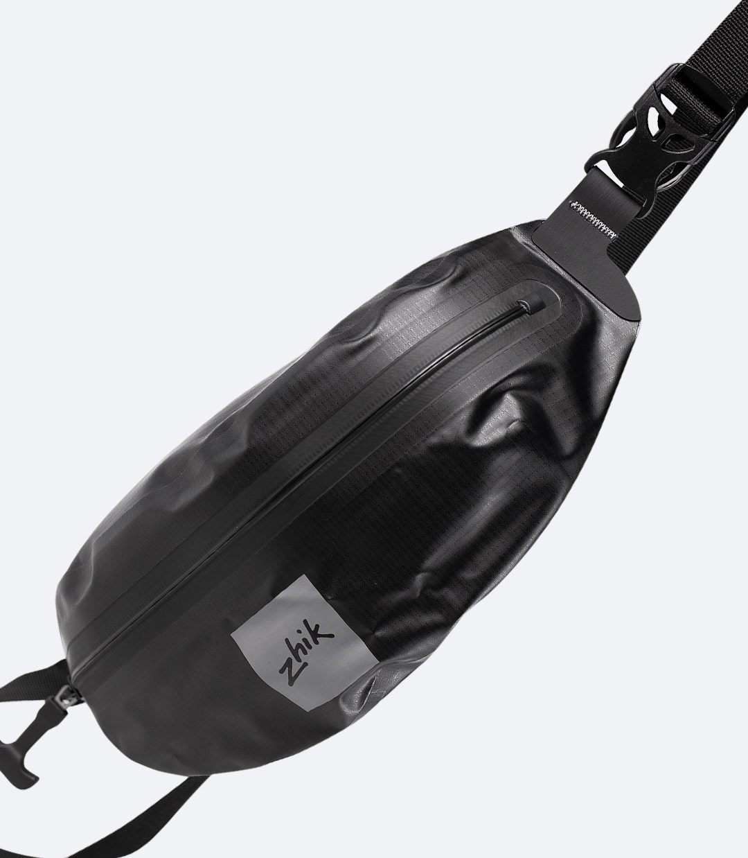 Zhik Waterproof Waist Pack in black, detailed view showing Zhik logo and waterproof zip closure.