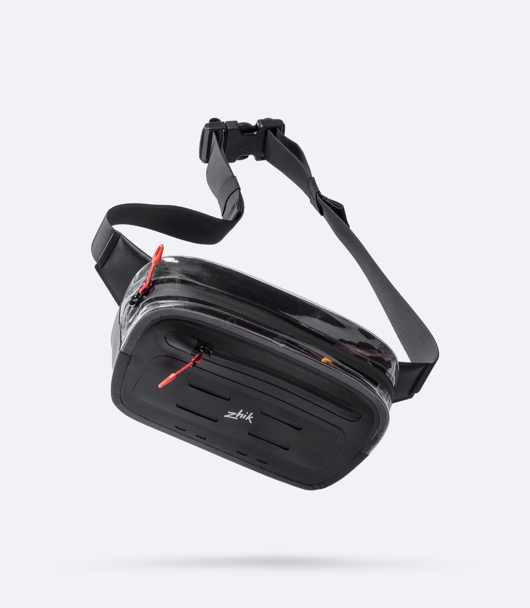 Zhik Storm Sling Waist Pack in black, front view showing compact waterproof design with MOLLE loops and weather-resistant front zipper.