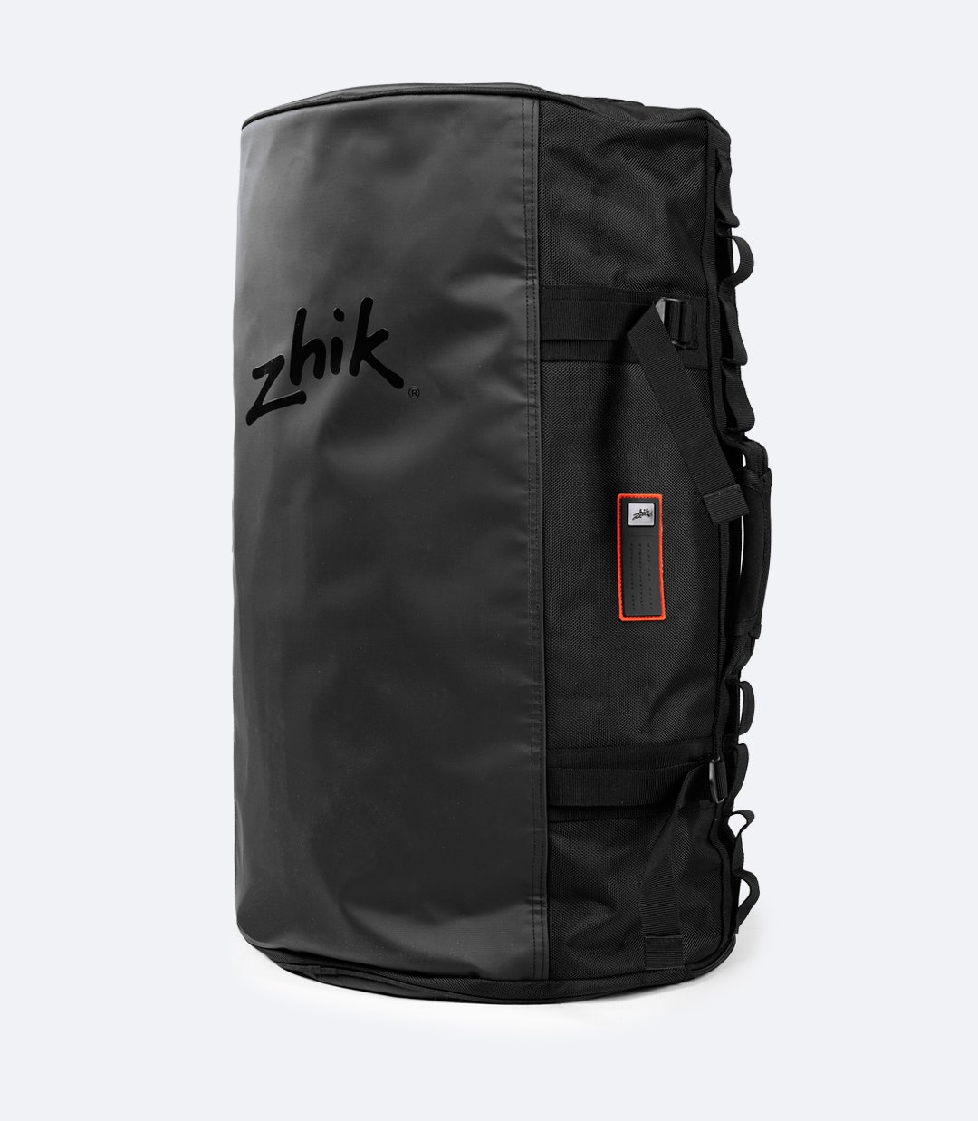 Black Zhik 55L Duffel Bag with D-Zip opening, water-resistant weather flap, and Duraflex® hardware for secure and easy access
