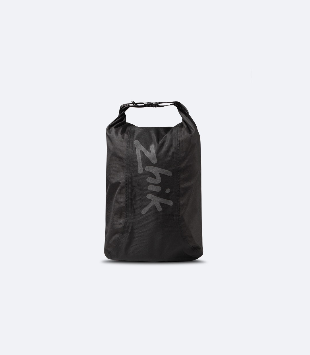 Back view of the Zhik 6L Roll Top Dry Bag in black, showcasing the roll-top closure and reinforced D-ring attachment.