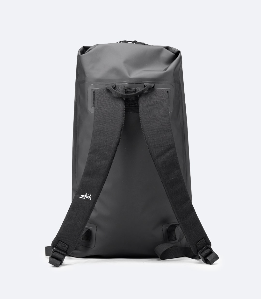 Back view of Zhik 35L Waterproof Backpack in black, showing padded adjustable straps and breathable back panel.