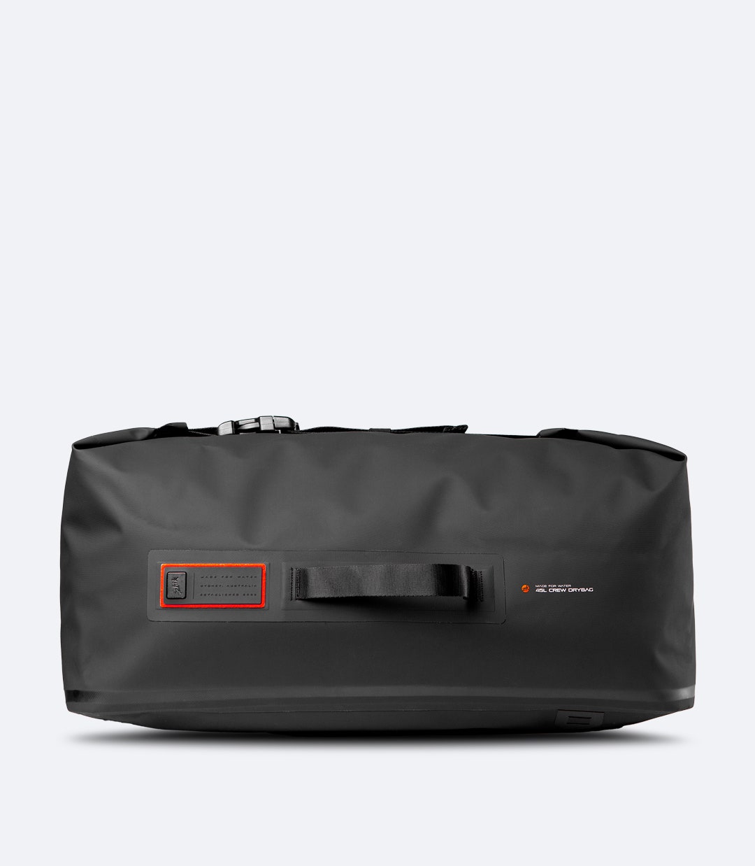 Zhik 45L Submersible Waterproof Duffel in black, angled side view showing waterproof YKK® Aquaguard® zip and modular hooks.