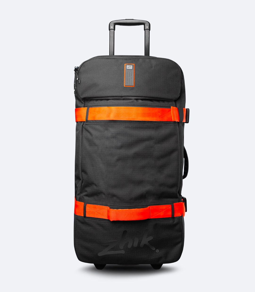 Front view of black Zhik 100L Wheelie Bag with external quick-access pocket and compression straps for secure packing.