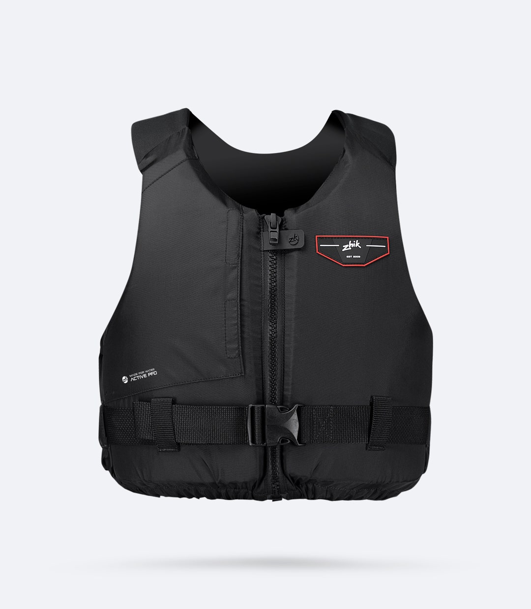 Zhik Active PFD in black, front view showing front zip entry, ergonomic cut, and low-profile buoyancy design.