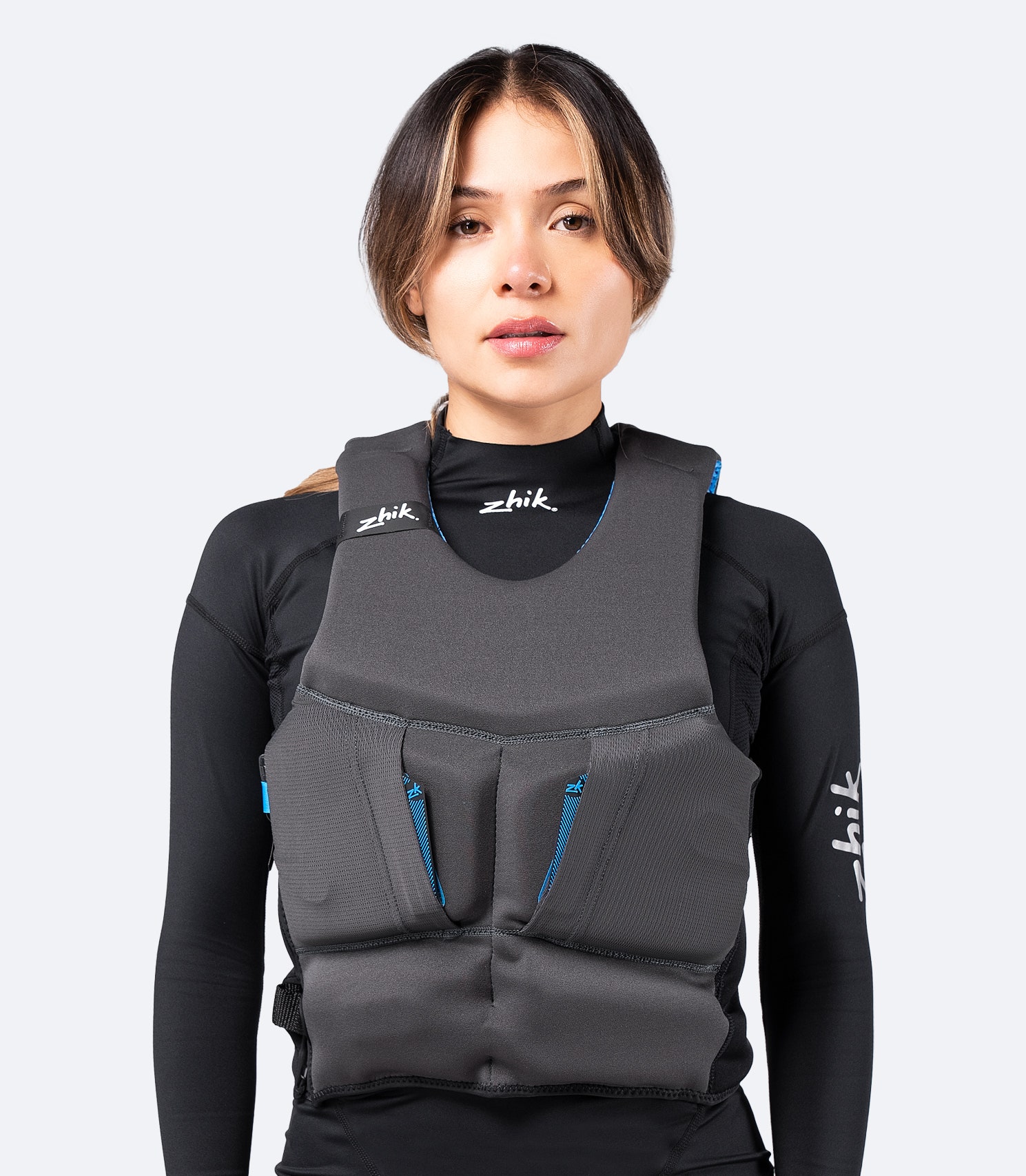 Front view of Zhik P2 PFD in grey with lightweight, stretch construction and padded protection for unrestricted movement
