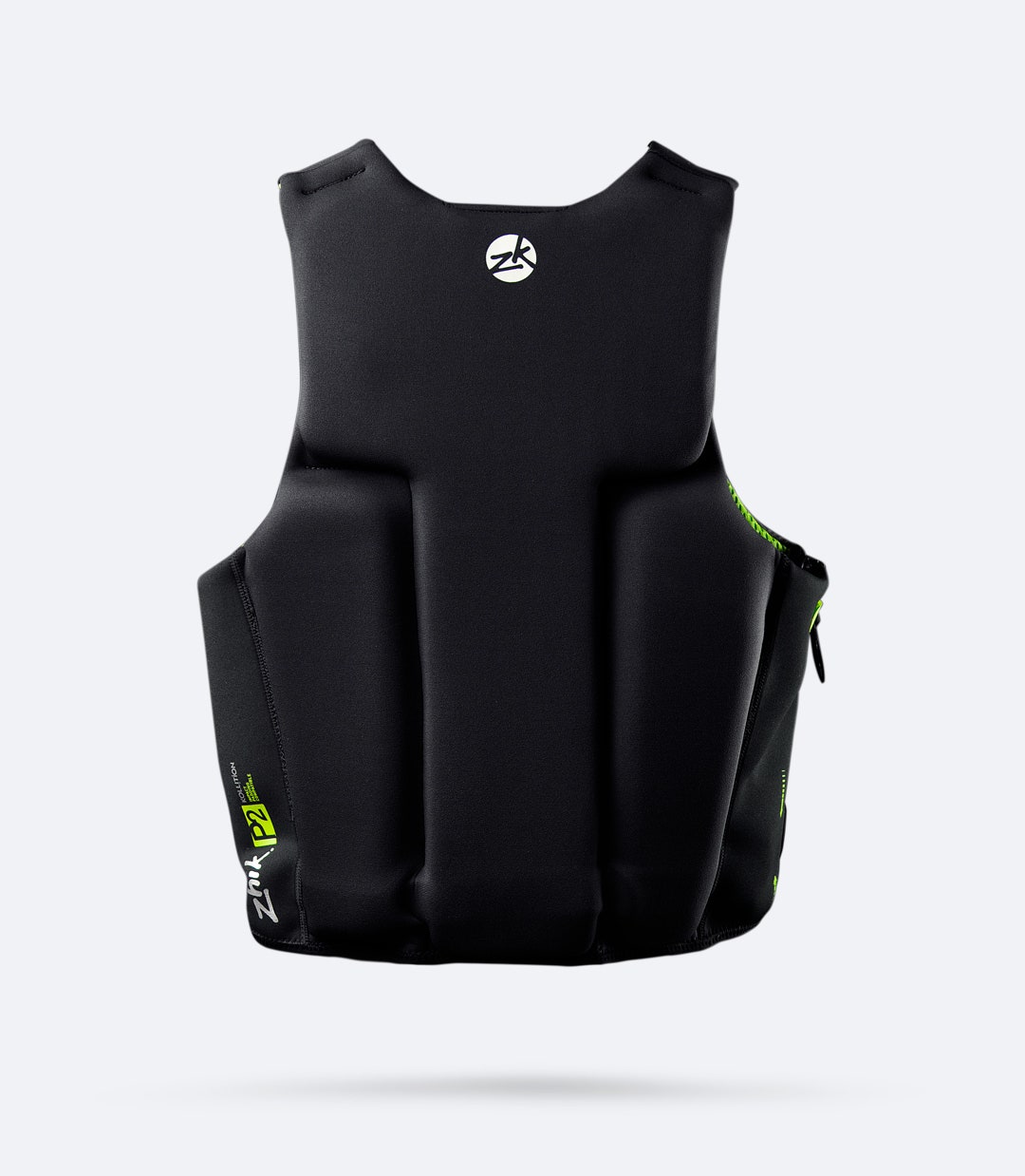 Rear view of Zhik P2 PFD in black, showing ergonomic fit, breathable mesh for airflow, and stretch panels for maximum mobility on the water.