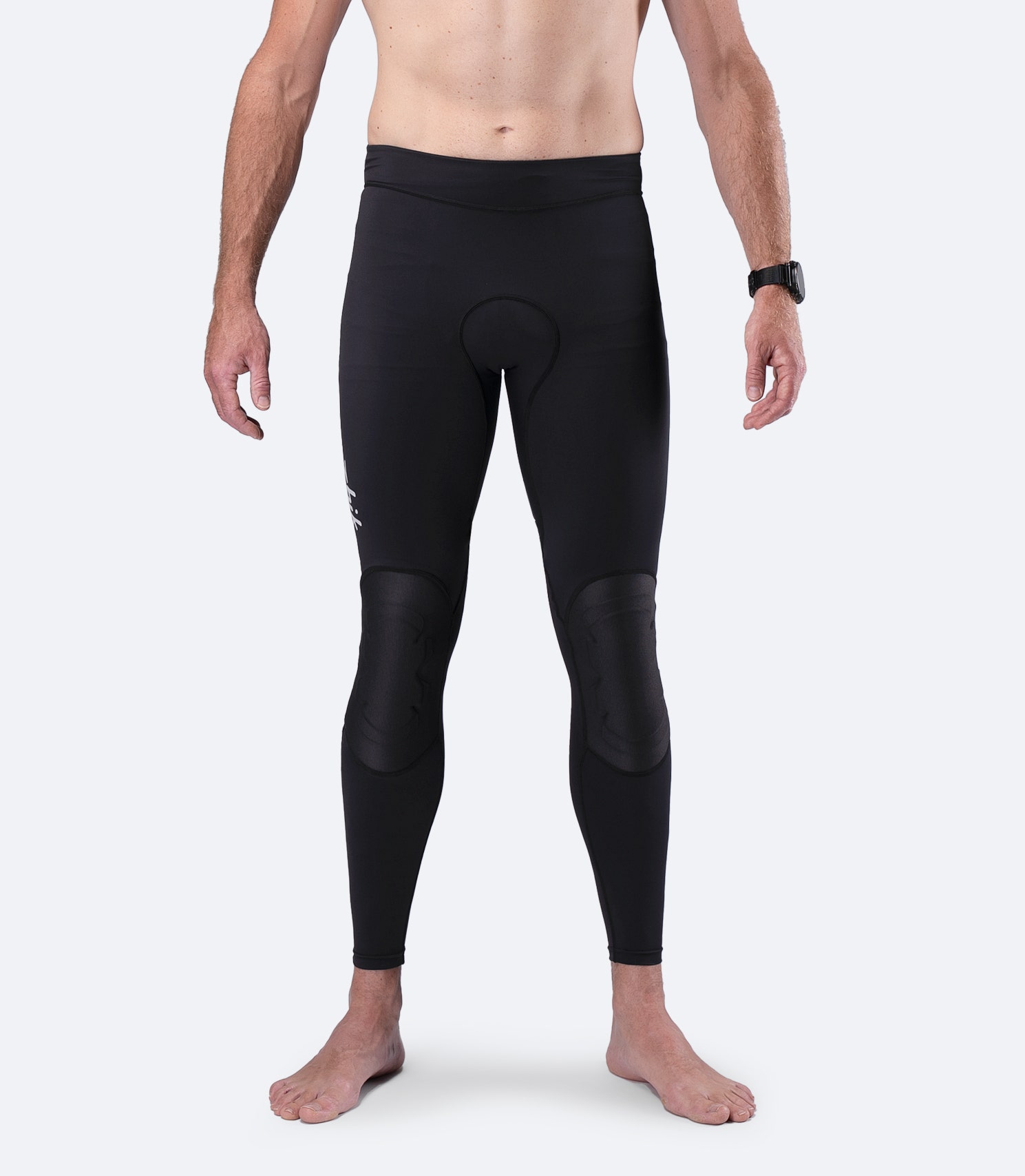 Front view of Zhik DeckBeater X Pant in black, featuring compression-molded knee protection and adjustable internal waistband