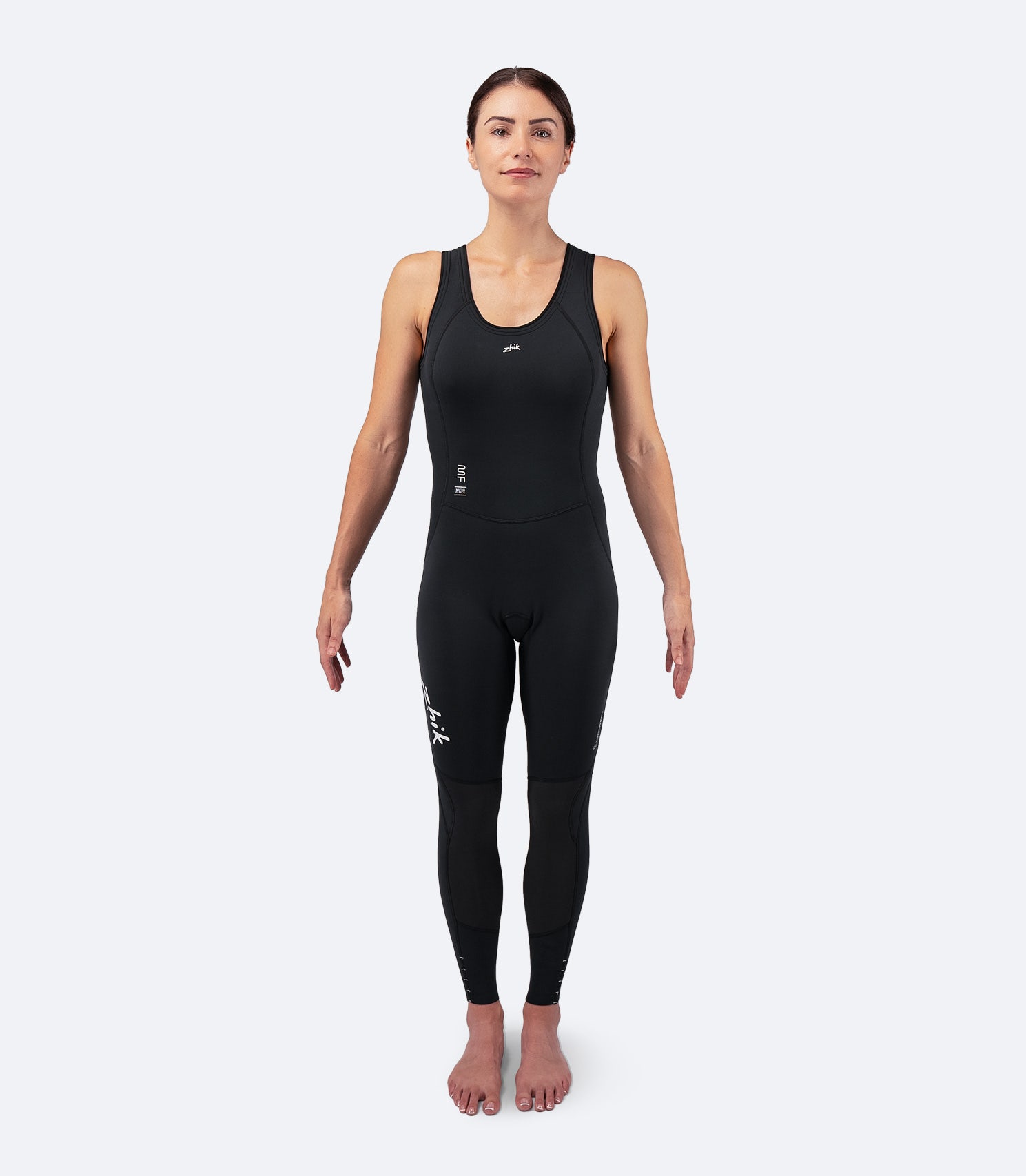 Zhik Women's Microfleece Skiff Suit in black, front view, showcasing full-body fit with thermal insulation and flexible stretch fabric for sailing